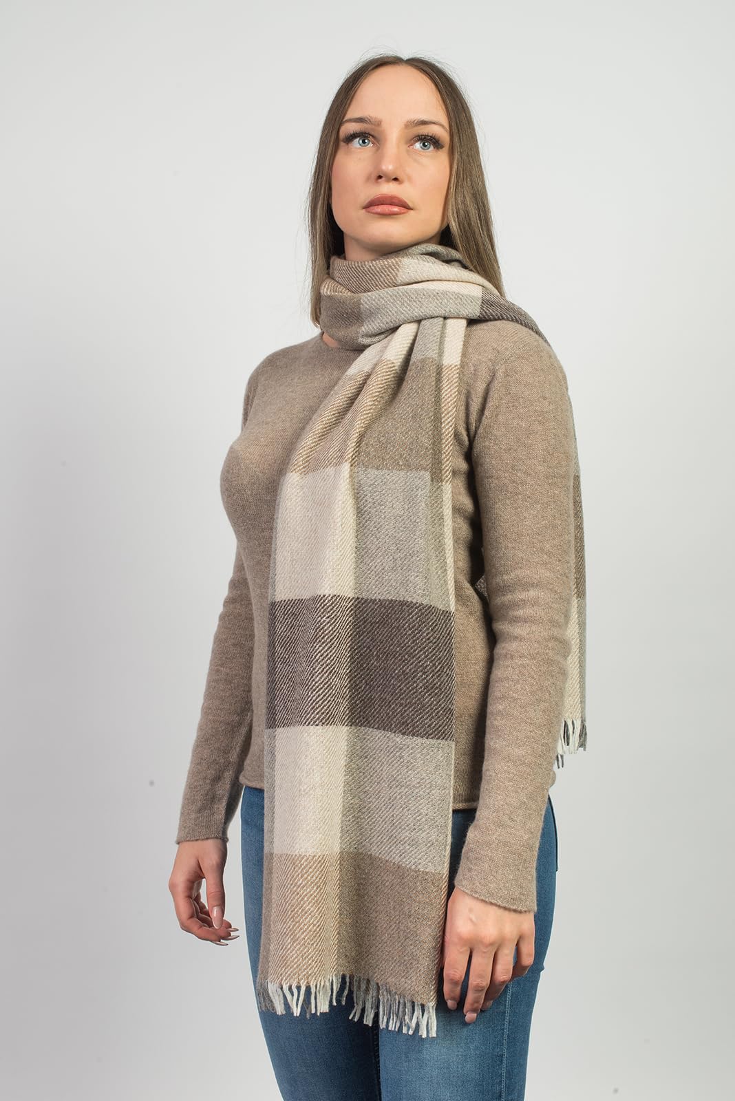 Dalle Piane Cashmere - Checked scarf in cashmere blend, Made in Italy - Men/Women, Color: Taupe, One size
