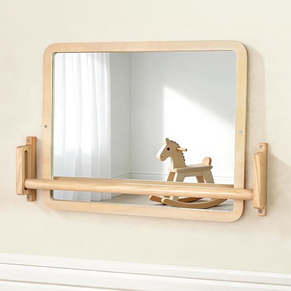 Montessori Mirror with Rod - Height Adjustable Wooden Kids Mirror for Erecting and Learning to Run, Safe Wall Mirror with Anti Rotation Rod for Kids 6-18 Months - 1
