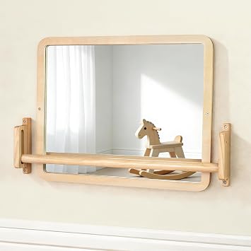 Montessori Mirror with Bar Adjustable Baby Pull Up Bar, Anti-Rotation Design & Acrylic Safety Baby Mirror for Wall Tummy Time, Pull to Stand Toys for Infant Toddler Nursery