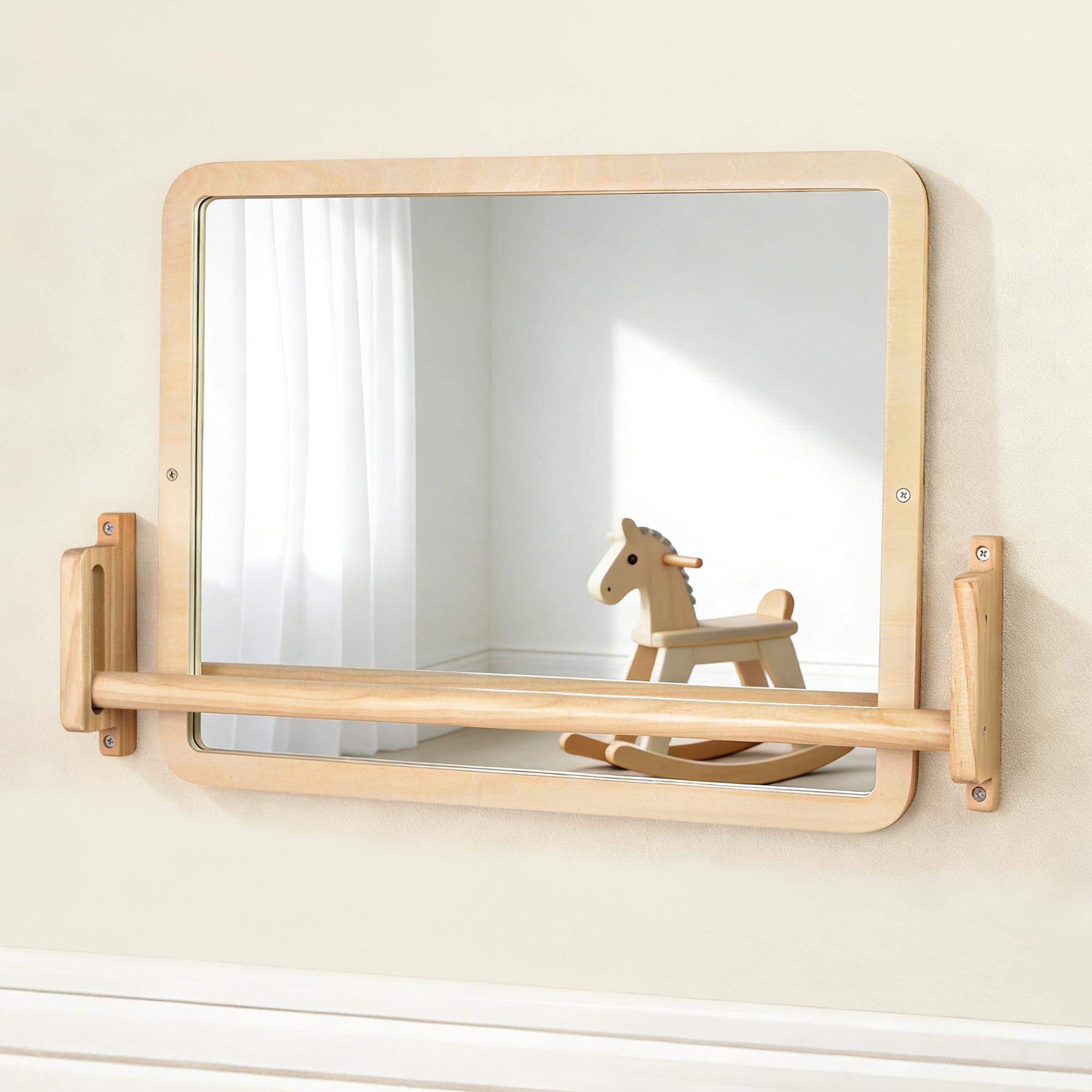 Montessori Wall Mirror with Bar, Height Adjustable Baby Mirror for Learning to Stand Up and Walk, Safe Wall Mirror with Anti-Rotation Bar for Toddlers 6-18 Months