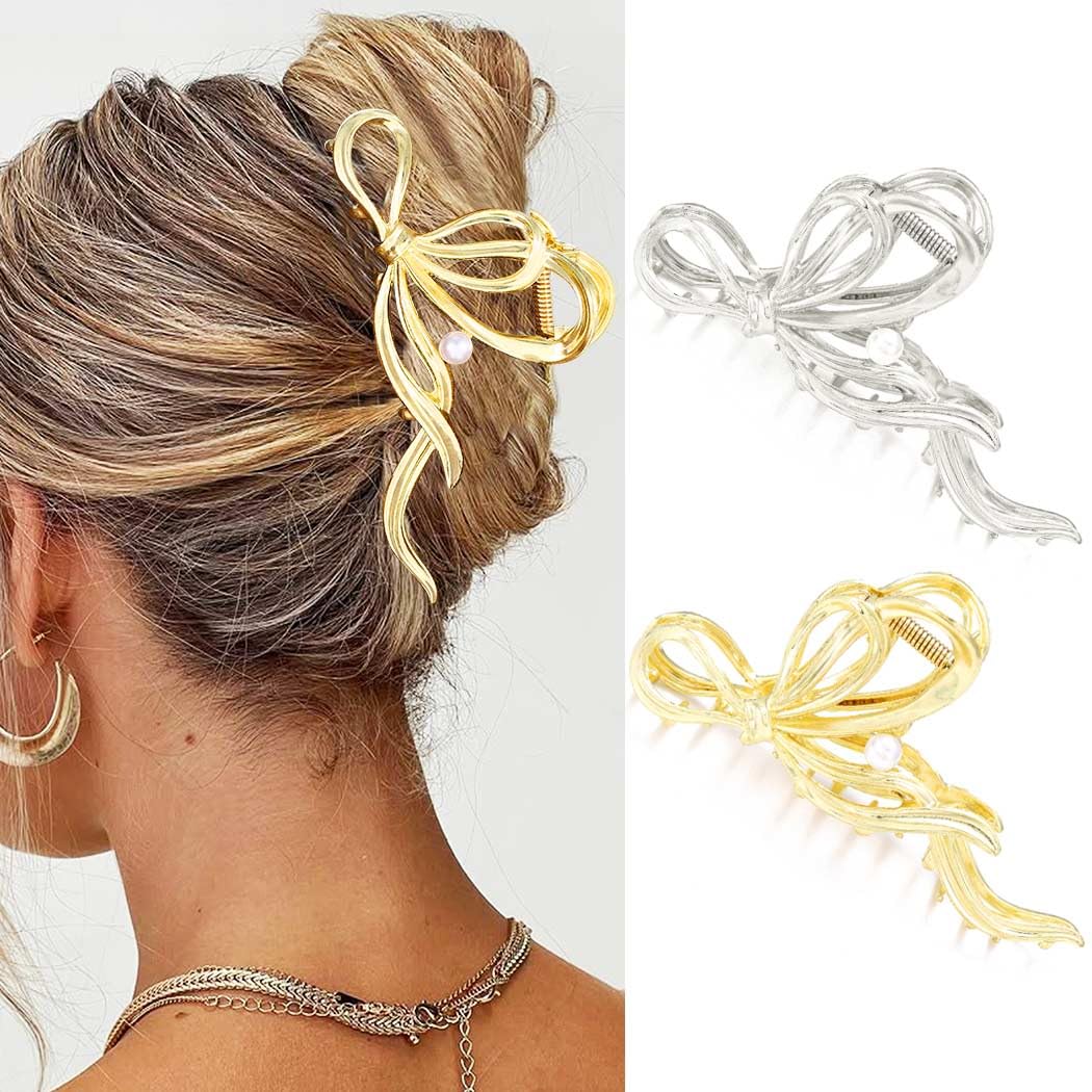 Banatra Bow Hair Clip Claws Gold Metal Hair Claw Clips Pearl Hair Claws Nonslip Stylish Hair Accessories for Women and Gilrs (Pack of 2)