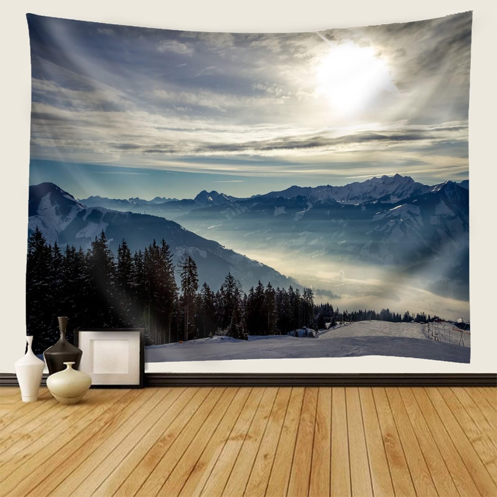 Dekoracja pokoju 3D szare dekoracje do sypialni śnieżna górska sceneria XXL mikrofibra szer. 137 cm x wys. 100 cm (350 x 256 cm)