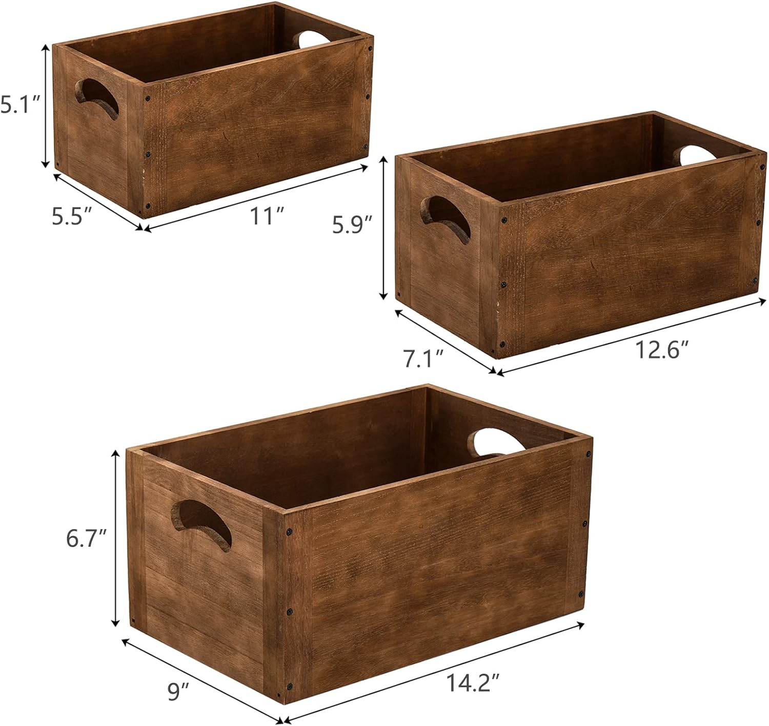 Hedume Set of 3 Nesting Wooden Crates, Wood Crate Box with Handle, Rustic Brown Decorative Wood Storage Crates Container, Stackable Cube Basket Bins Organizer for Home, Office, Closet, Shelf