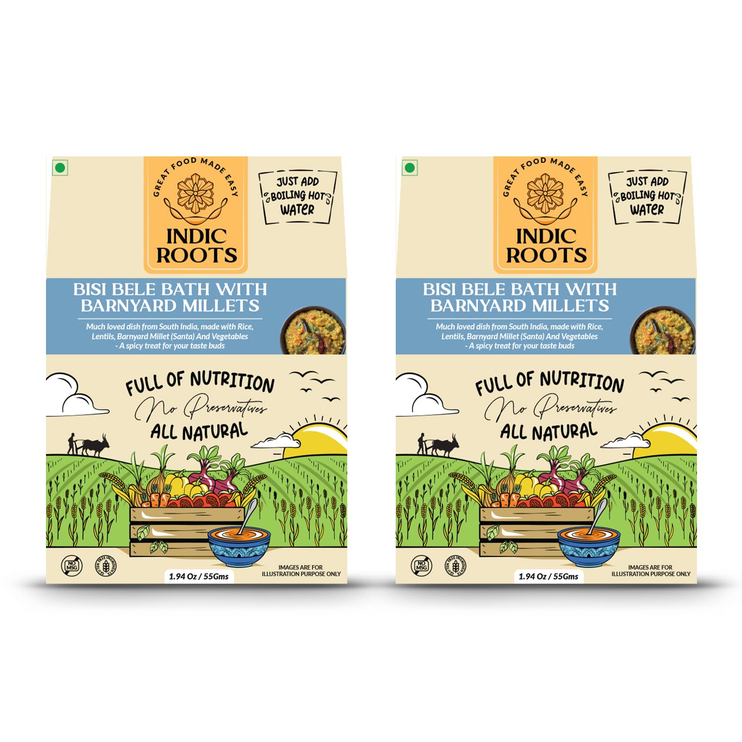 Organic Roots Bisi Bele Bath with Barnyard Millets, Instant Food, Healthy Food, Ready To Eat Full Meal, No MSG, No Preservatives, 55 Gm (Pack of 2)