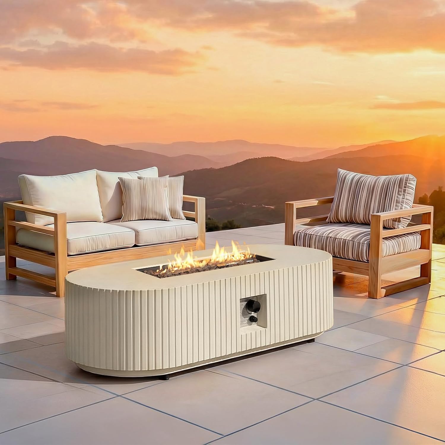 60" Outdoor Propane Fire Pit Table, 50,000 BTU Oval Concrete Fire Pit Coffee Table, Waterproof Cover for Patio, Backyard, Garden, Porch, Deck, Beige