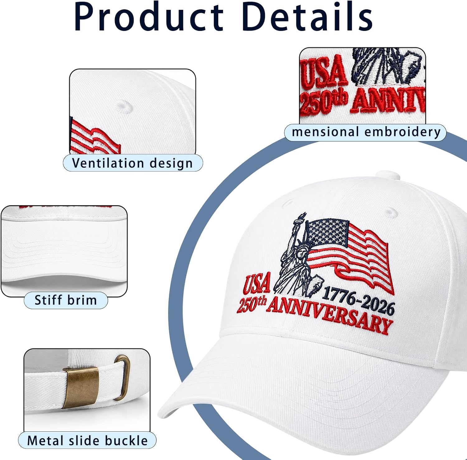 July 4 Baseball Cap,250th Anniversary Baseball Cap for Men Women | Independence Day Baseball Cap,Cotton Material,Embroidery Pattern Design，Adjustable Size of The Buckle for Patriots