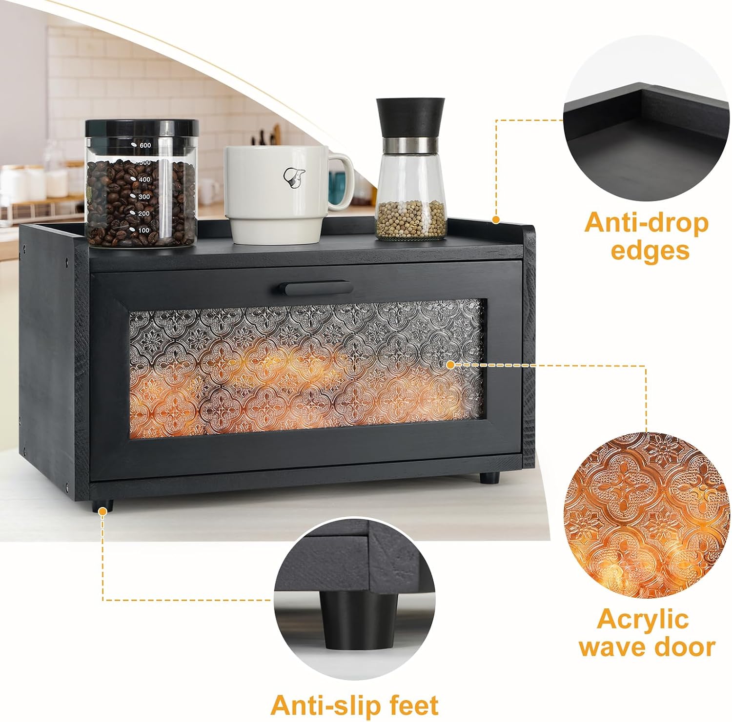 Sunhoo Bread Box for Kitchen Countertop Stackable Pind Wood Bread Bin Large Vintage Breadbox with Patterned Acrylic Door Pantry Storage Organizer for Sourdough Bagels Snacks Easy Assembly (Black)