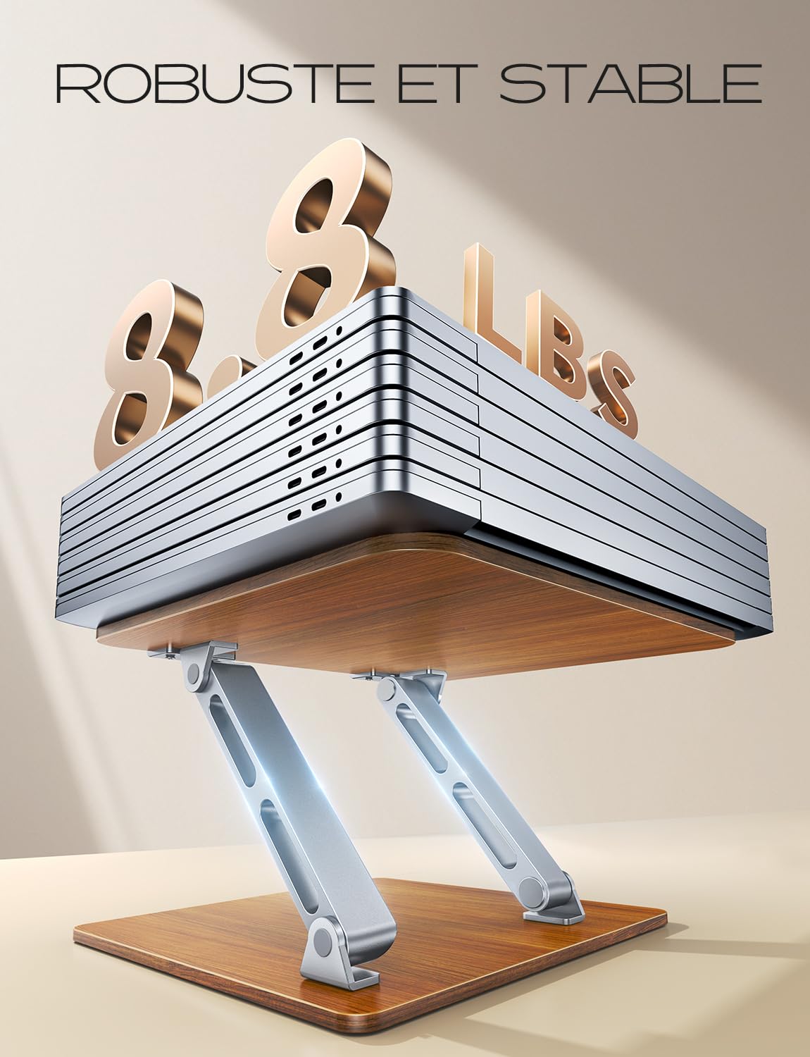 CIRYCASE Aluminium & Bois Support Ordinateur Portable à Double Barre | Laptop Stand Réglable, Rehausseur PC Portable Bureau Ergonomique Compatible avec MacBook, HP et Autres Laptops 10 à 16 Pouces