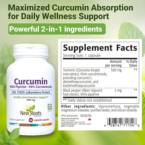 Miniatura 6 de NEW ROOTS HERBAL Suplemento de curcumina de cúrcuma de 500 mg con extracto de pimienta negra, 20 veces mejor absorción, cápsulas de cumarina con 95%