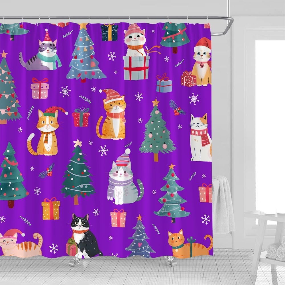 Christmas Cat Shower Curtain Cute Cartoon Kitten with Xmas Hat Pine Tree Winter Snowflake Star Lovely Animal Pets Lover Happy New Year Fabric Bathroom Decor Curtains with Hooks,70 x 90