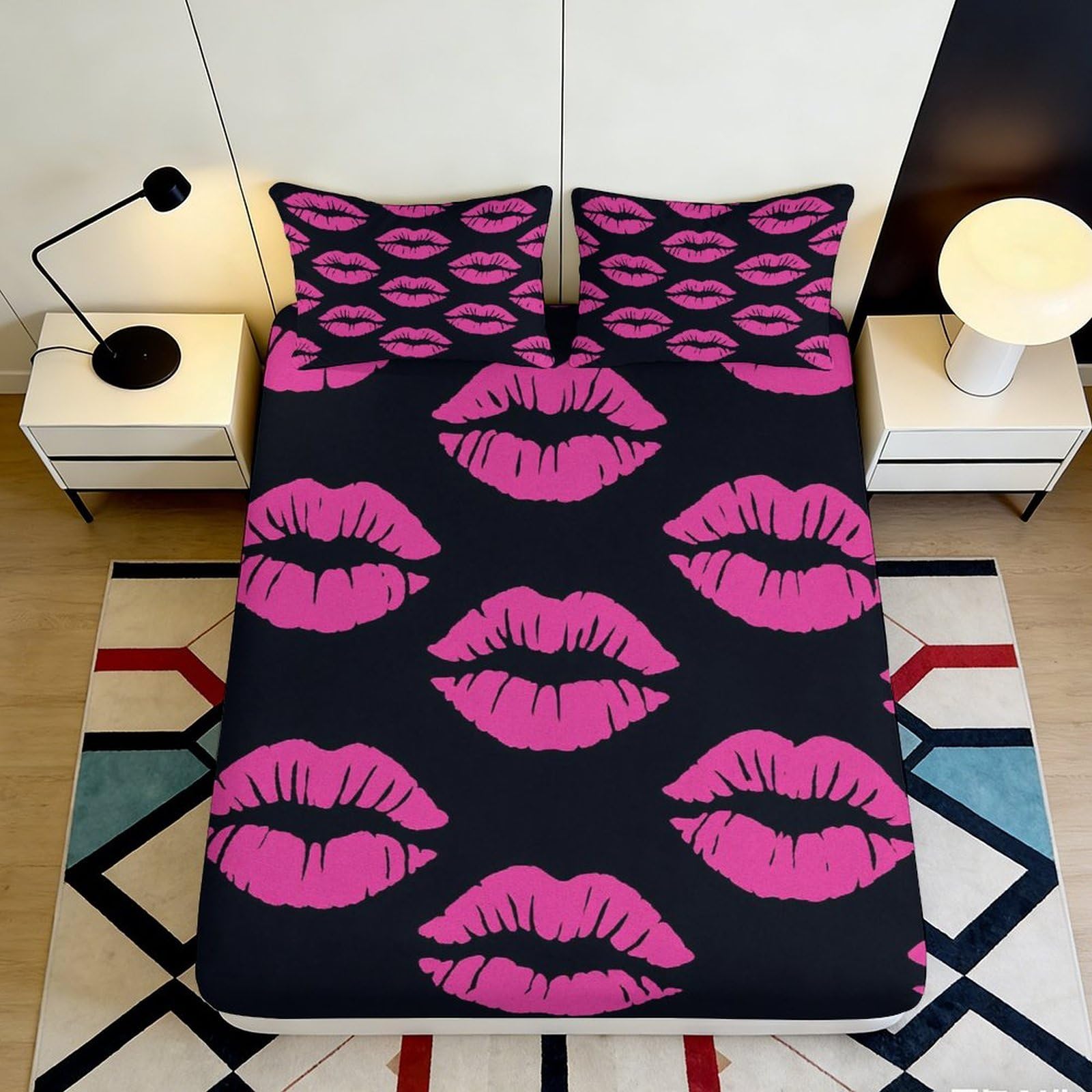 Uxinyoume Style-9 3D Printed Pink Lip Pattern Fitted Sheet Microfiber Soft Bedroom Decor Kiss Design Mattress Cover For Home Dorm 90X200x25cm