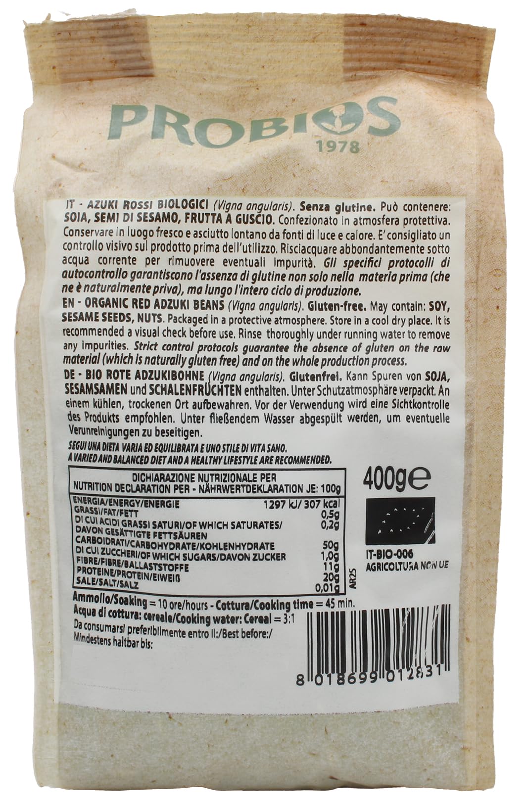 Probios Fagioli Azuki Rossi Biologici - Fonte di Fibre e Ricchi di Proteine ​​- Fagioli Azuki Rossi Naturali e Senza Glutine - 6 Confezioni da 400g