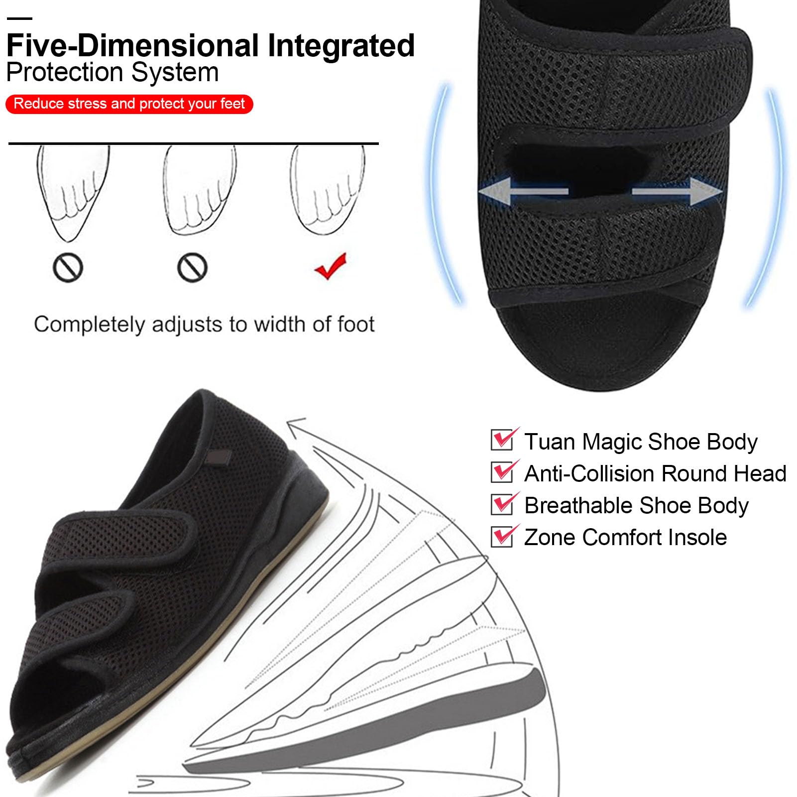 Zapatos Diabéticos para Mujeres Zapatillas Pies Diabéticos para Mujer Ajustable Zapatos Ortopédicos Anchos Especiales para Pies Hinchados Antideslizante Zapatillas Planas Black 38