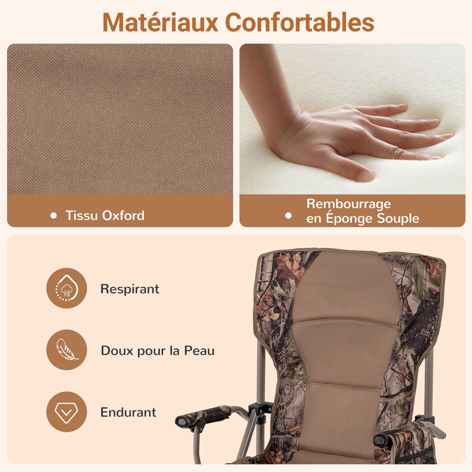 COSTWAY Chaise Pliante Camping, Chaise de Jardin Exterieur, Charge 180 kg, Sac de Transport, Porte-Gobelet, Poche de Rangement, Pieds Réglables, Fauteuil Pliant pour Camping Voyage Pêche, 67 × 62 × 10