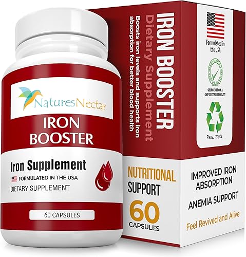 Hierro Booster - Suplemento de hierro para mujeres  Ayuda a aumentar la producción de glóbulos rojos con pastillas de hierro ferroso sin
