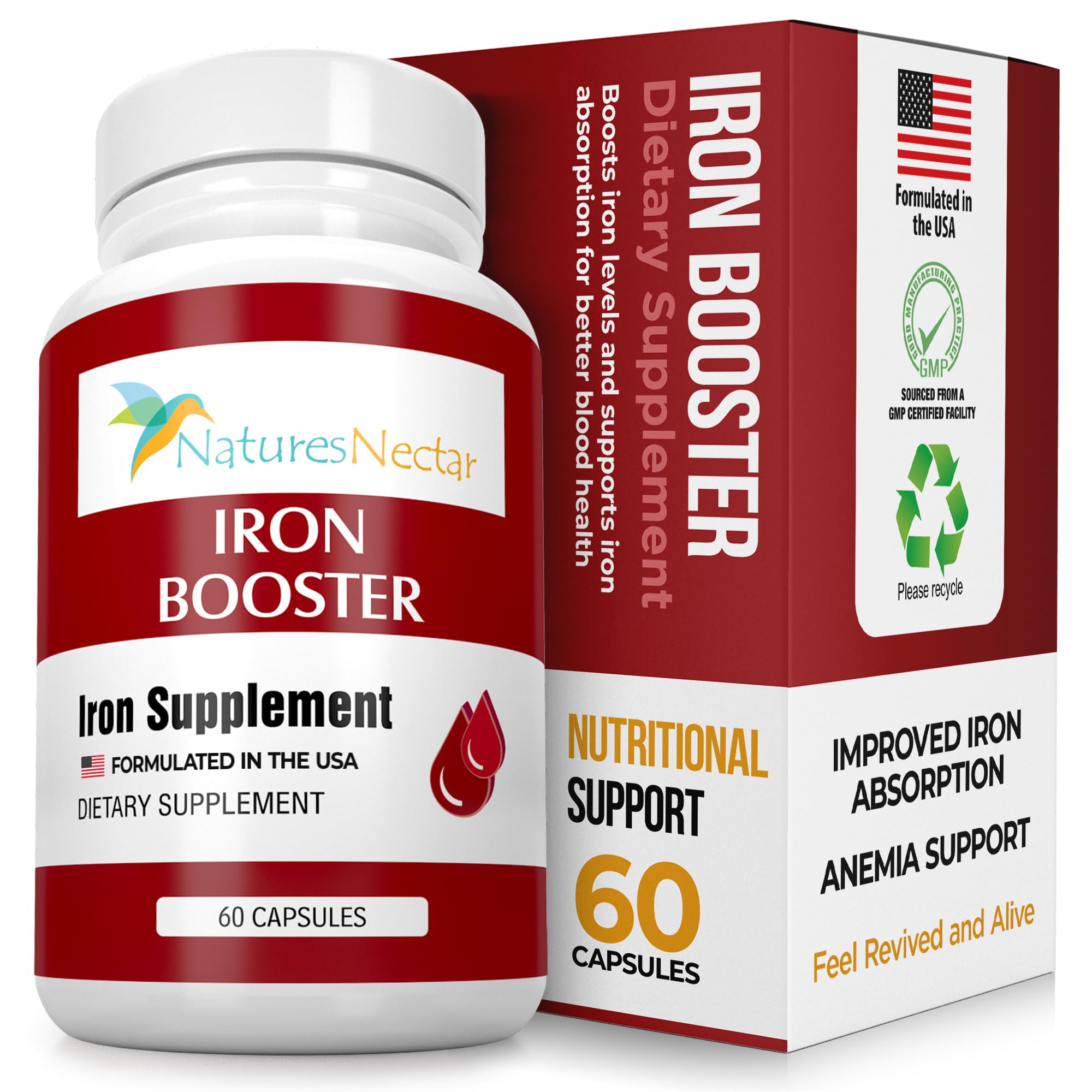Blood Builder Iron Supplement for Men & Women – Slow Release Non-Constipating Iron Capsules with Vitamin B-12, Folic Acid & Vitamin C – Supports Red Blood Cell Production 60 Capsules