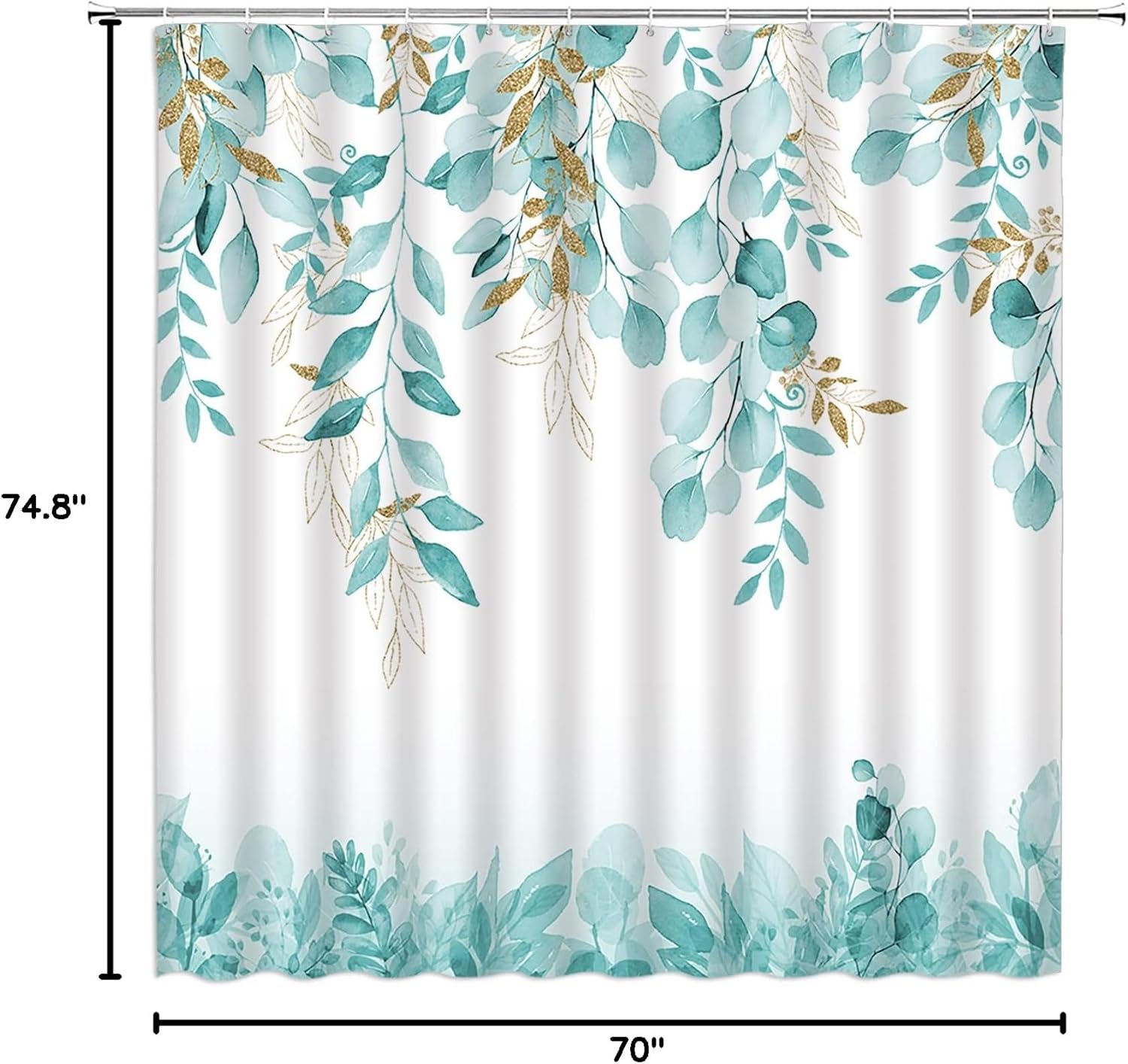 AMFD Teal White Shower Curtain Watercolor Eucalyptus Leaves Plant Leaf Botanical Decor Home Bathroom Bathtub Curtains Set Include Hooks,（70" Wx74.8 H）