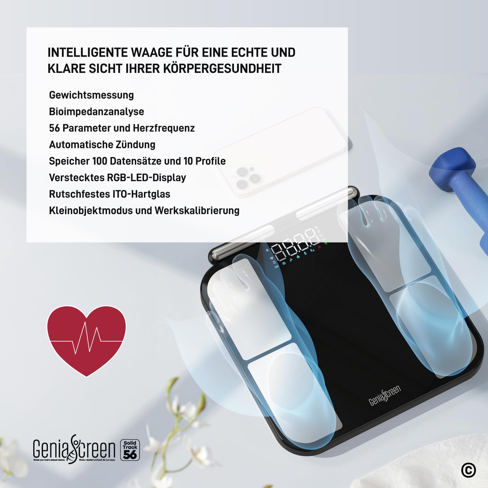 Körperfettwaage Digitale Personenwaage Smart mit 8 Elektroden 56 Messungen für Körpergewicht Gehärtetem Glas 32x30cm Tragkraft 180Kg LED-Display GeniaScreen SolidTrack - Muskelmasse Fett BMI Bluetooth