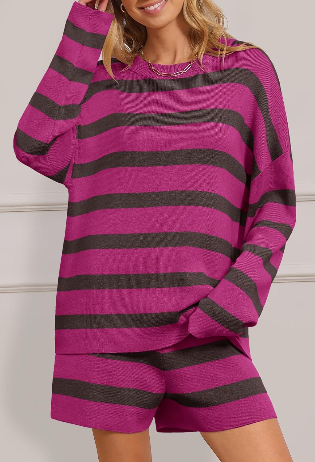 MEROKEETY Women's 2 Piece Sweater Lounge Sets Striped Long Sleeve Shorts Oversized Matching Outfits - Image 2