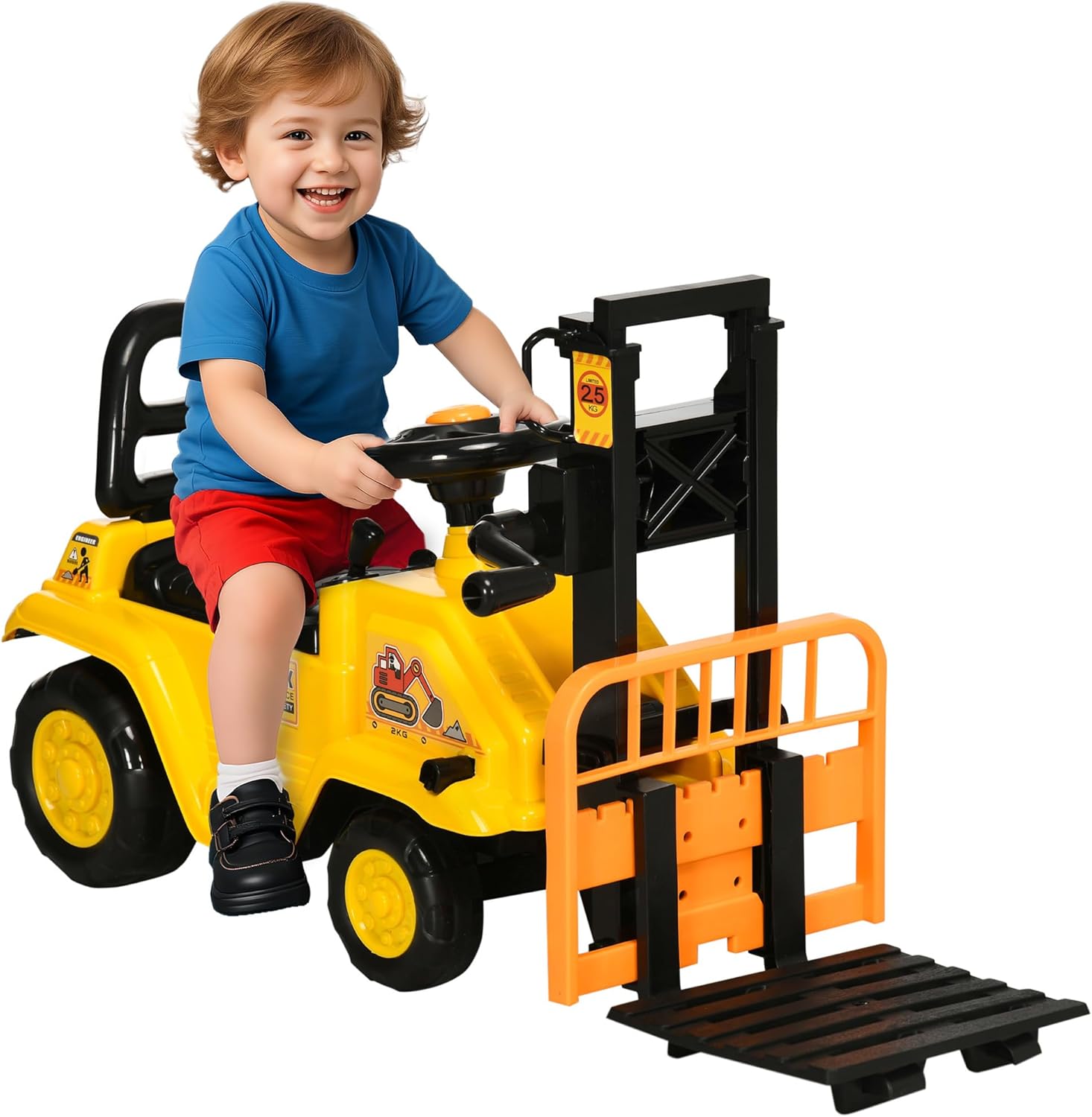 Aosom Sit and Scoot Ride-on Toy with Forklift Operation, Construction Toys for Kids with Under Seat Storage, Forklift Toy for 3-Year-Old Boys & Girls, Imagination Toys