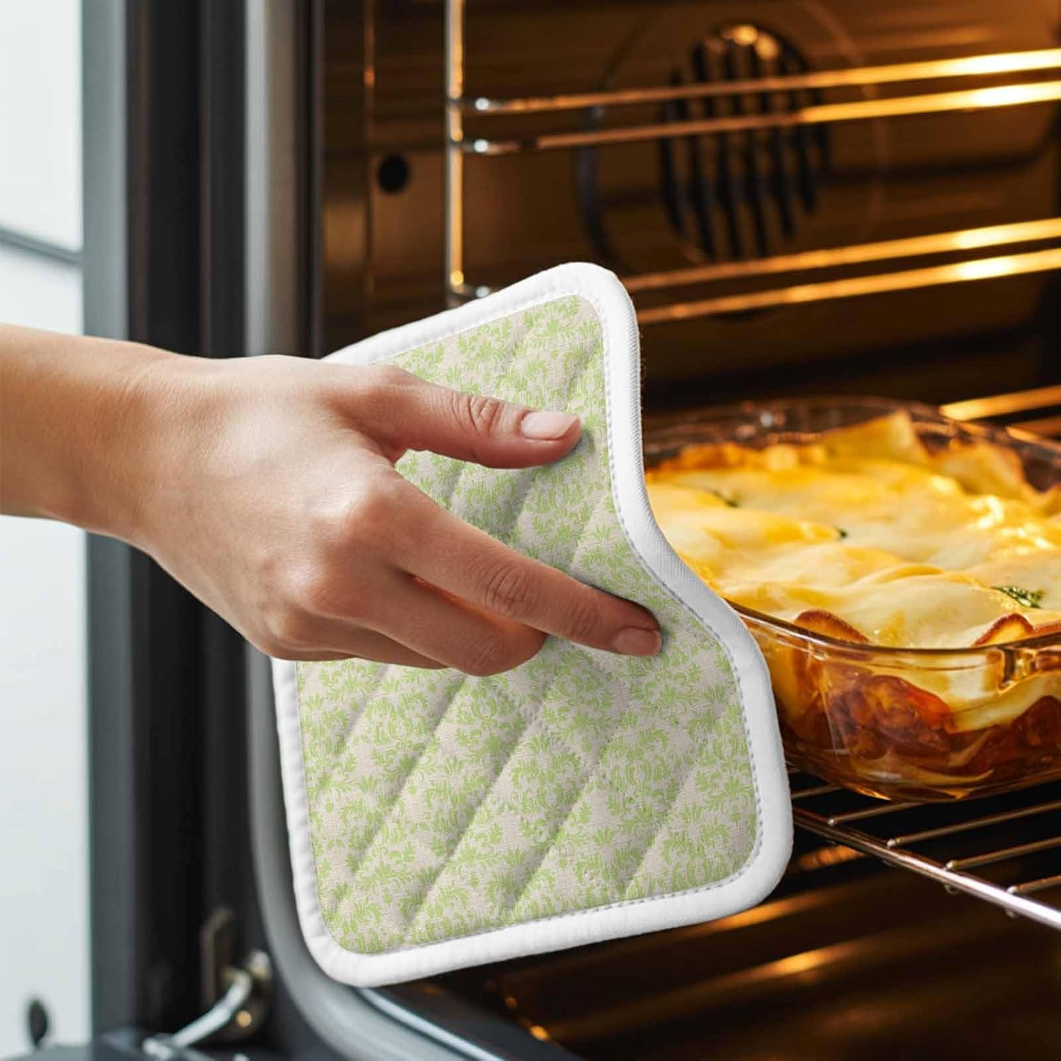 5 Pack Pot Holders for Kitchen, Green Boho Hot Pads for Kitchen Countertops Oven Pot Holder Bulk, Vintage Abstract European Floral Pattern Heat Insulation Potholders with Hanging Loops