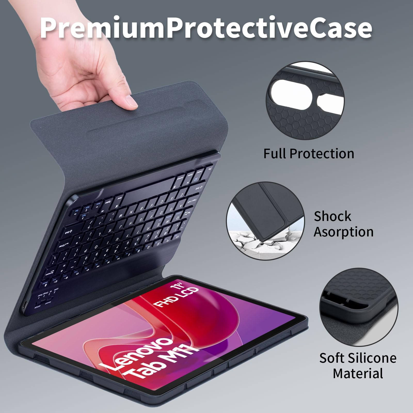 Keyboard Case for Lenovo Tab M11 11-calowy model 2024 (TB330FU/TB330XU) z myszką, odłączaną bezprzewodową klawiaturą Bluetooth, ultracienkie etui,Black