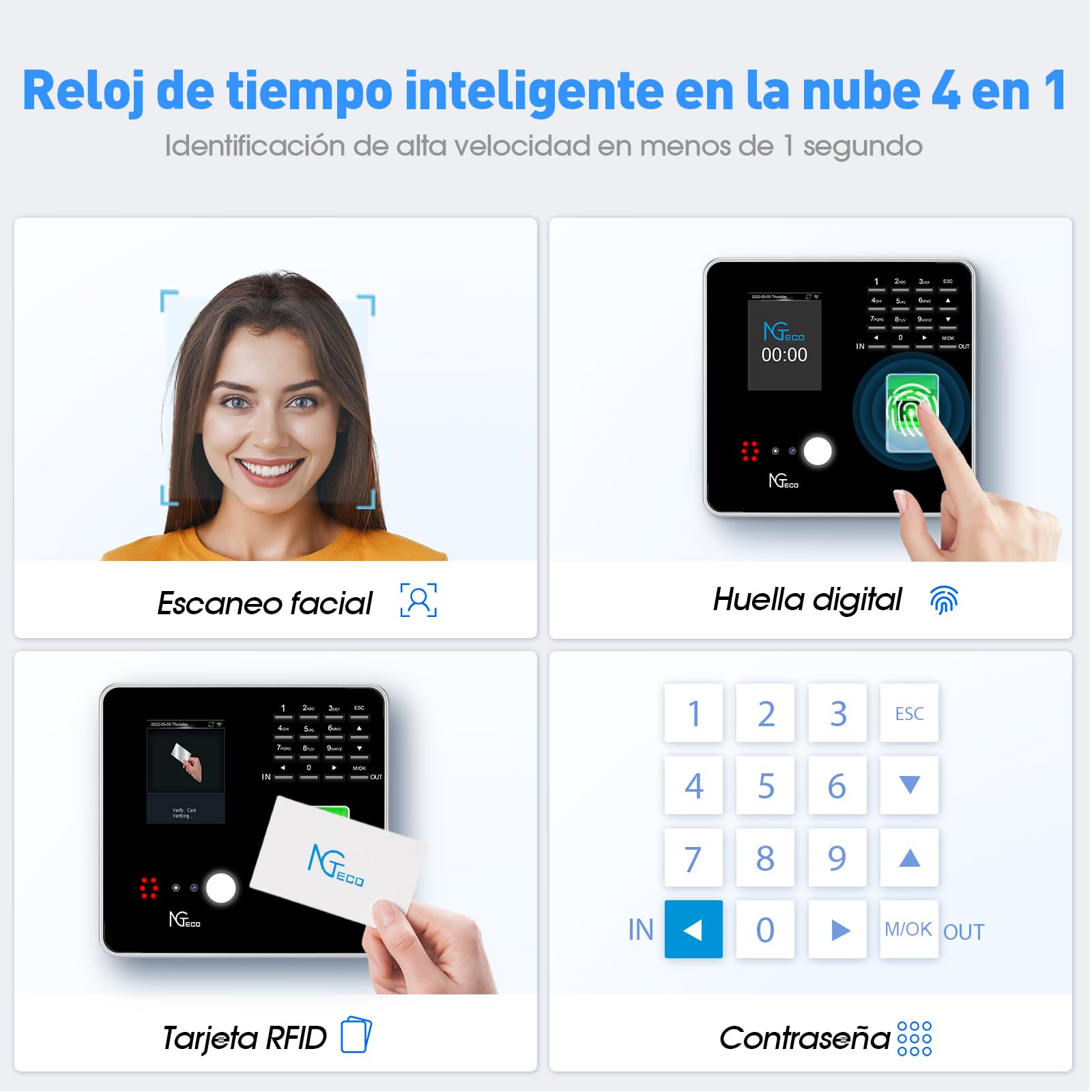 NGTeco TCI Reloj de fichar,Control horario empleados,integración de Tarjetas faciales, Dactilares, RFID y Pin, Nueva función de Lista Negra，Versión Inglesa(cuota mensual 0)