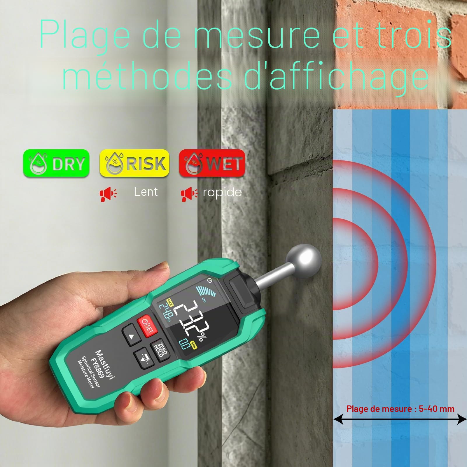 Humidimètre Mural Sans Contact Testeur LCD Alarme Bois & Matériaux | Testeur d'Humidité Non Destructif avec Alarme Sonore et Écran LCD pour Bois et Matériaux de Construction (Mur, Sol, Plafond)