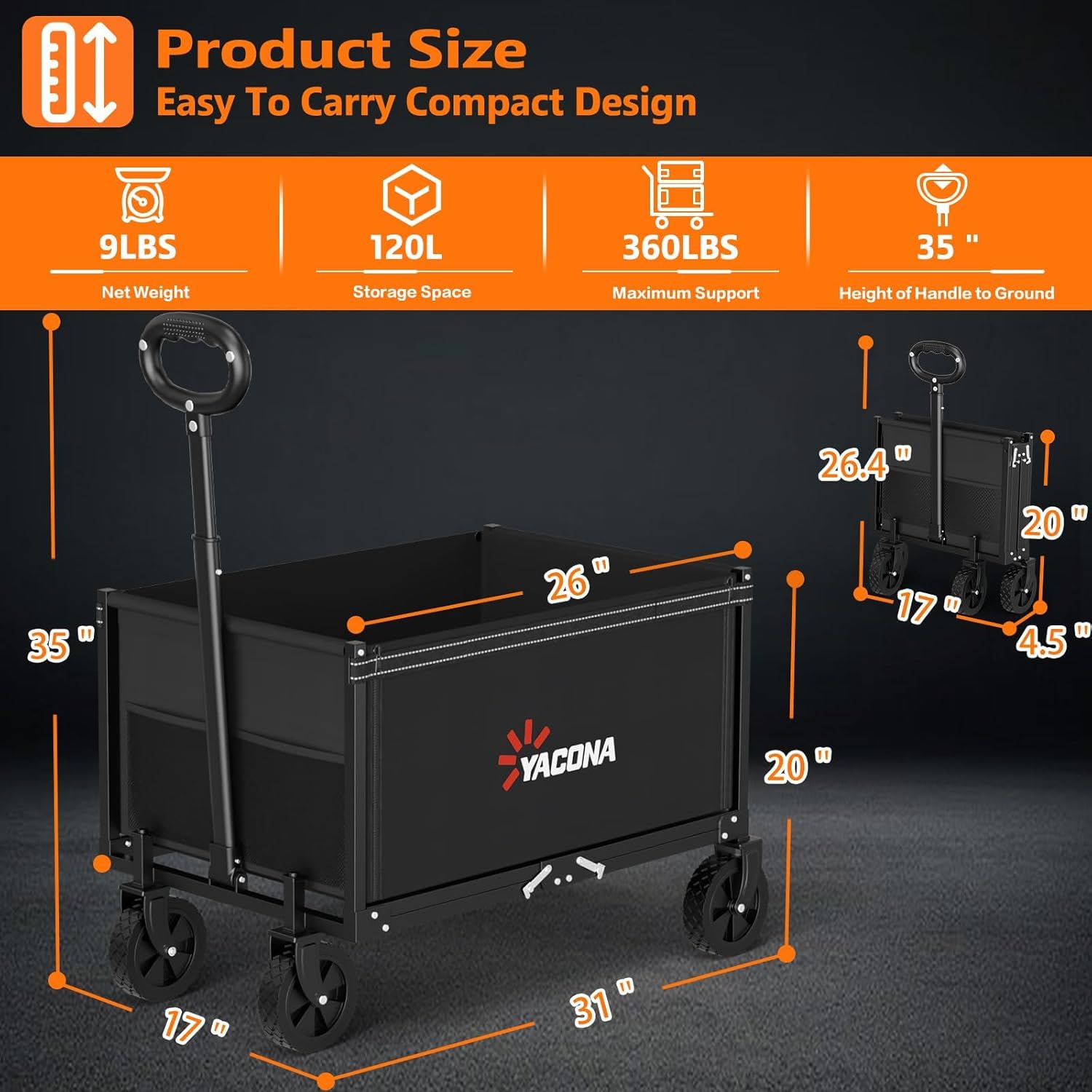 3 in 1 Wagons Carts Foldable with 360LBS Capacity, 120L Heavy Duty Collapsible Wagon, Utility Wagon Cart with Wheels for Grocery, Camping, Shopping, Beach, Garden Black