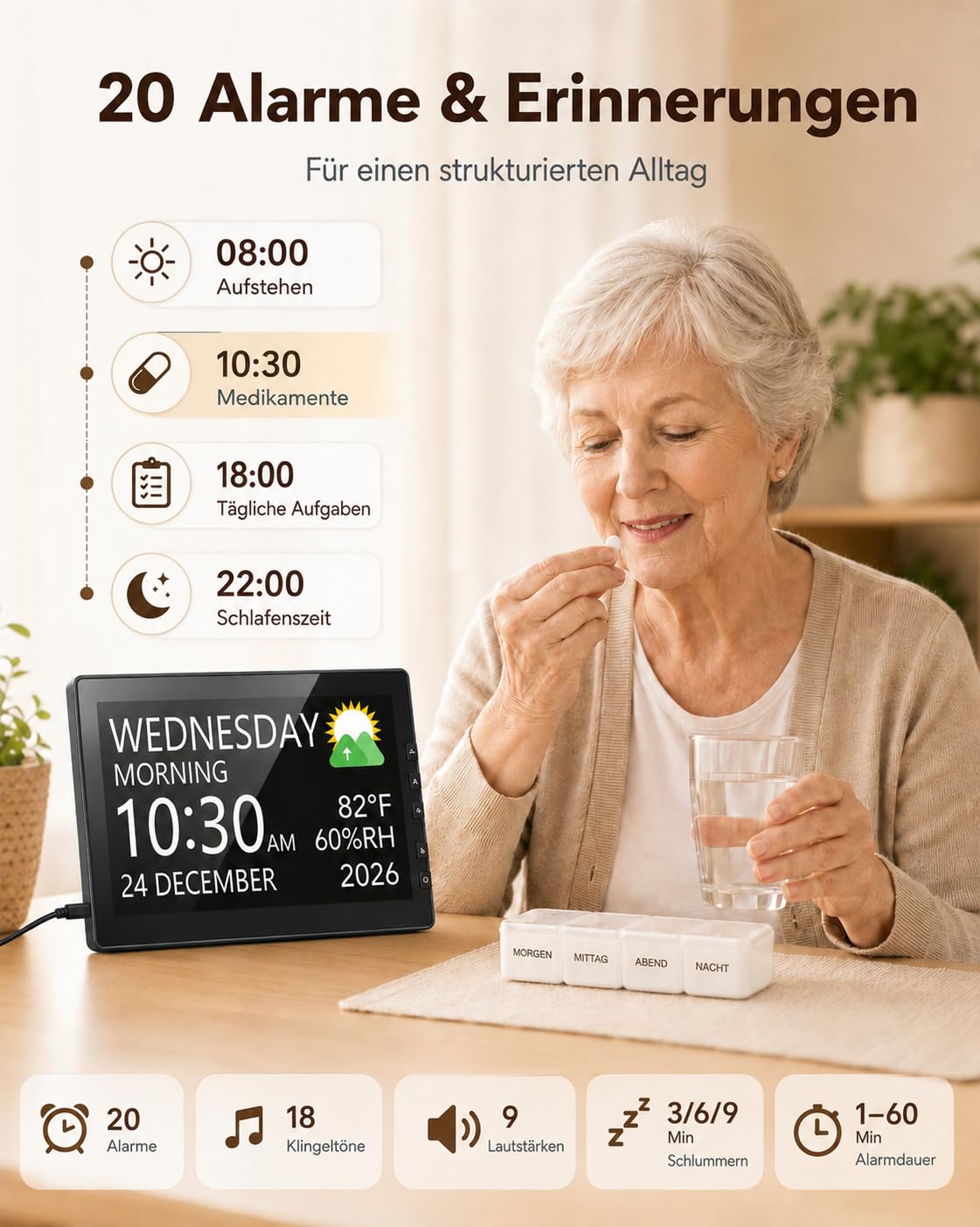 Roxicosly 10.1' Digitaler Kalender, Digital Uhr mit 20 Alarmen & Erinnerungen, 12 Themen, 12/24HTemperatur & Luftfeuchtigkeit, Dimmbar & 6 Sprachen, USB & SD, Wecker Digital für Senioren