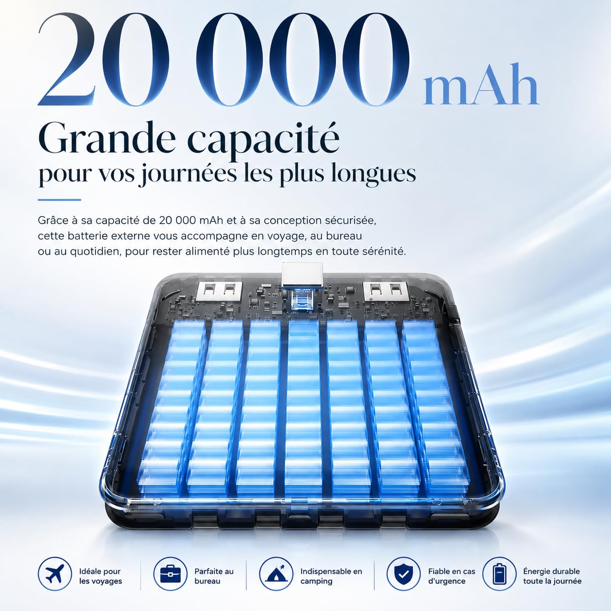 Batterie Externe 20000mAh 74Wh avec 4 Câbles Intégrés (Noir)
