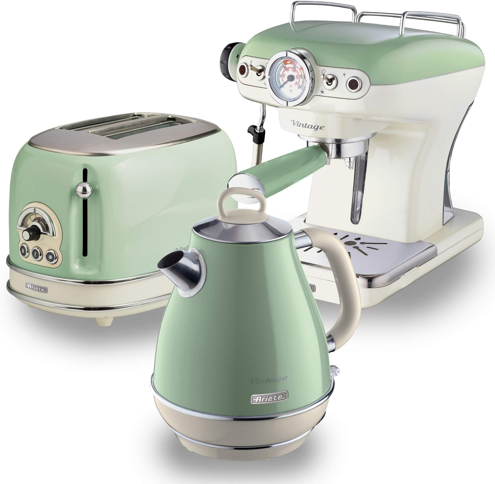 ARPK5 Retro Style Jug Kettle, 2 Slice Toaster and Espresso Machine Set, Vintage Design, Green