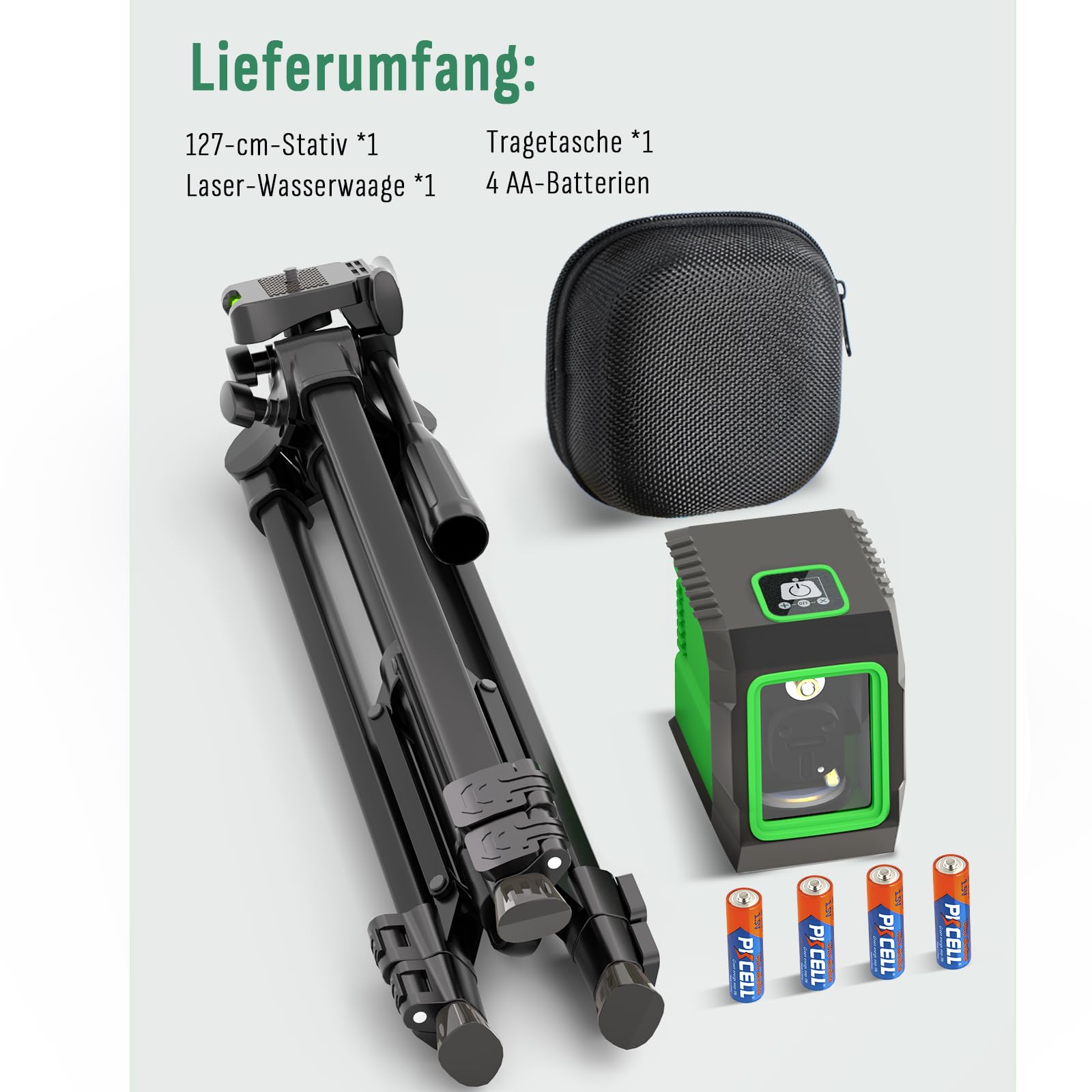 Kreuzlinienlaser mit 127 cm Stativ, Lusweimi Laser Wasserwaage, Grüner 360°-Selbstnivellierungs Laserstrahl, zum Aufhängen von Bildern/Baustellen/Inneneinrichtung/DIY, Mit 4xAA Batterien (Schwarz)