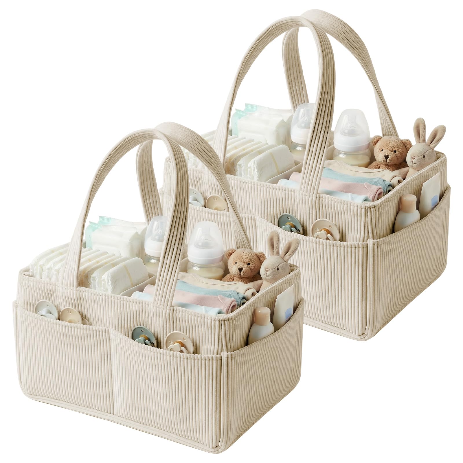 Baby Diaper Caddy Organizer for Changing Table, Portable Corduroy Nappy Storage Basket with Handle, Newborn Essentials Must-Haves, Baby Shower Gifts for Boys Girls Nursery Car Storage Bag (2pc Beige)