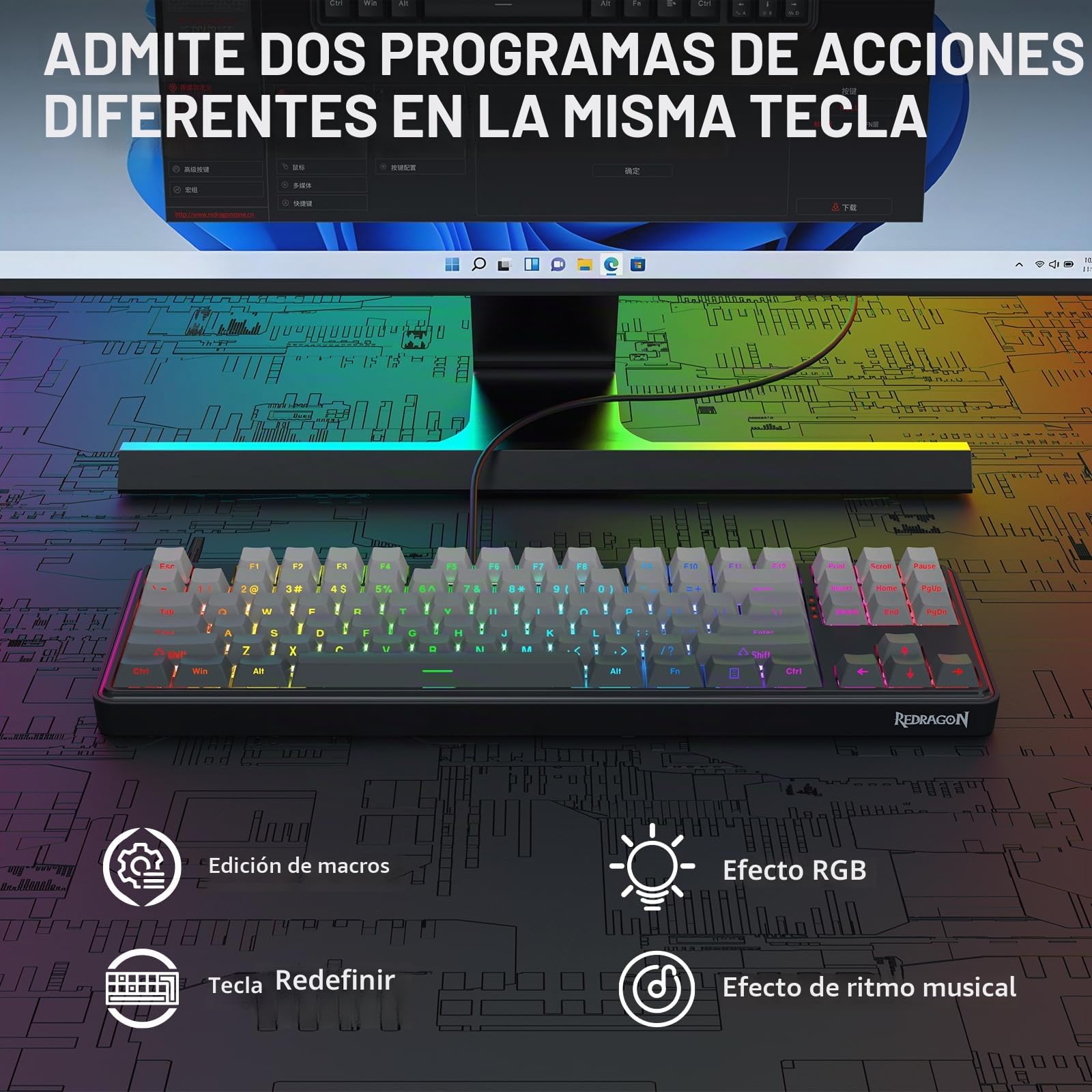 Redragon K707 HE Teclado mecánico para Juegos de Disparo rápido, 87 Teclas TKL con Cable, Interruptor magnético de Efecto Hall, accionamiento hiperrápido, Punto de accionamiento Ajustable, US Layout