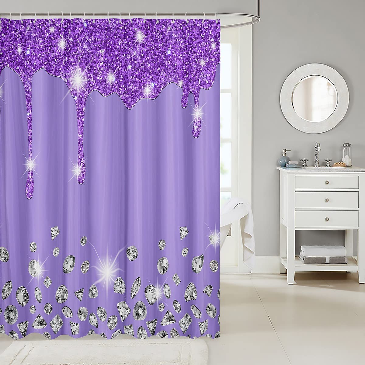 Loussiesd Silver Glitter Shower Curtain (No Glitter) Bling Partyations Purple Bathroom Fabric Set for Diamond and Jewelry Bath Waterproof Stalls Bathtubs 72x94 Inch - Image 2