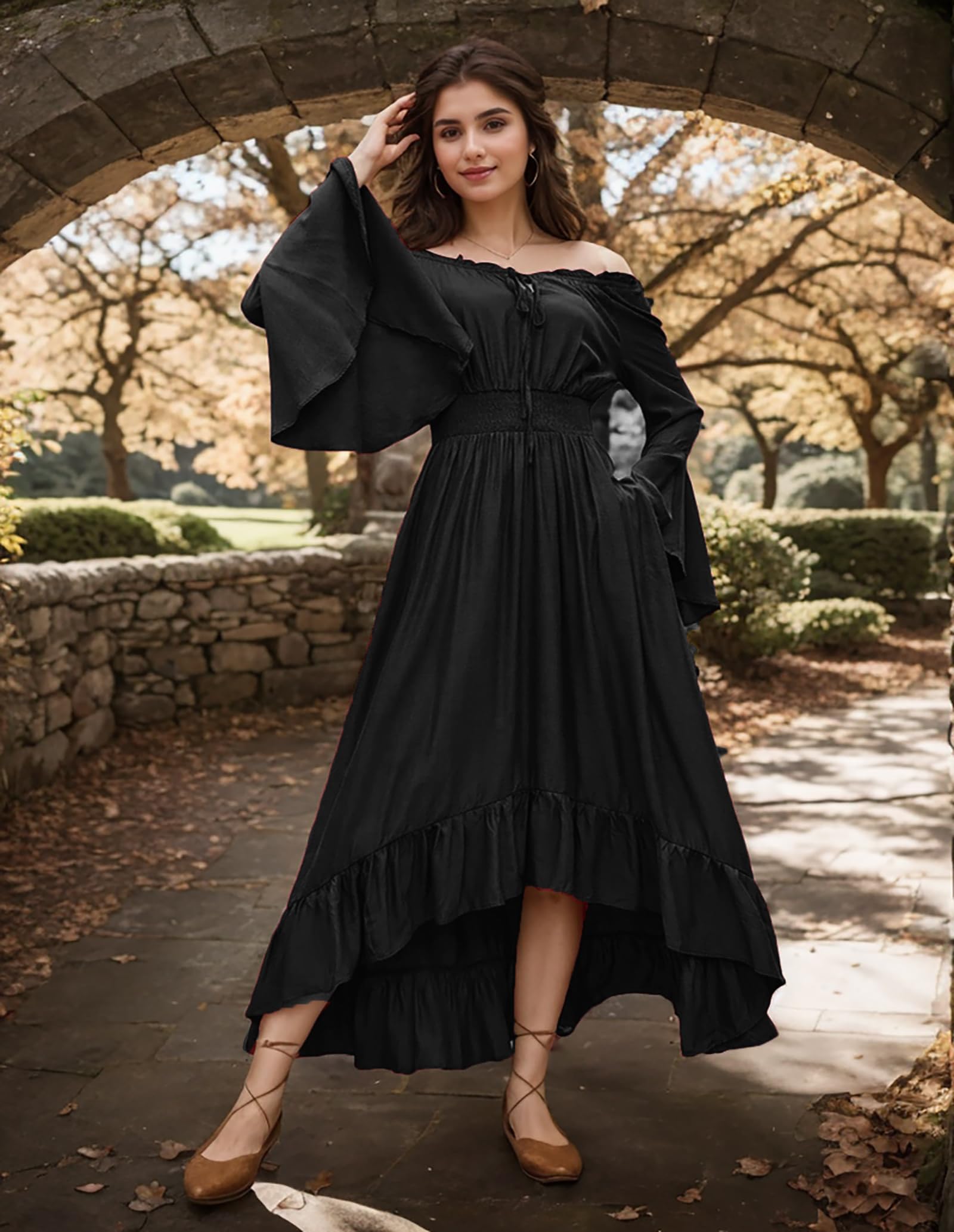 Gothden Renaissance Dress Women Medieval Costume Victorian Dresses Peasant Gothic Dress Black - Image 3