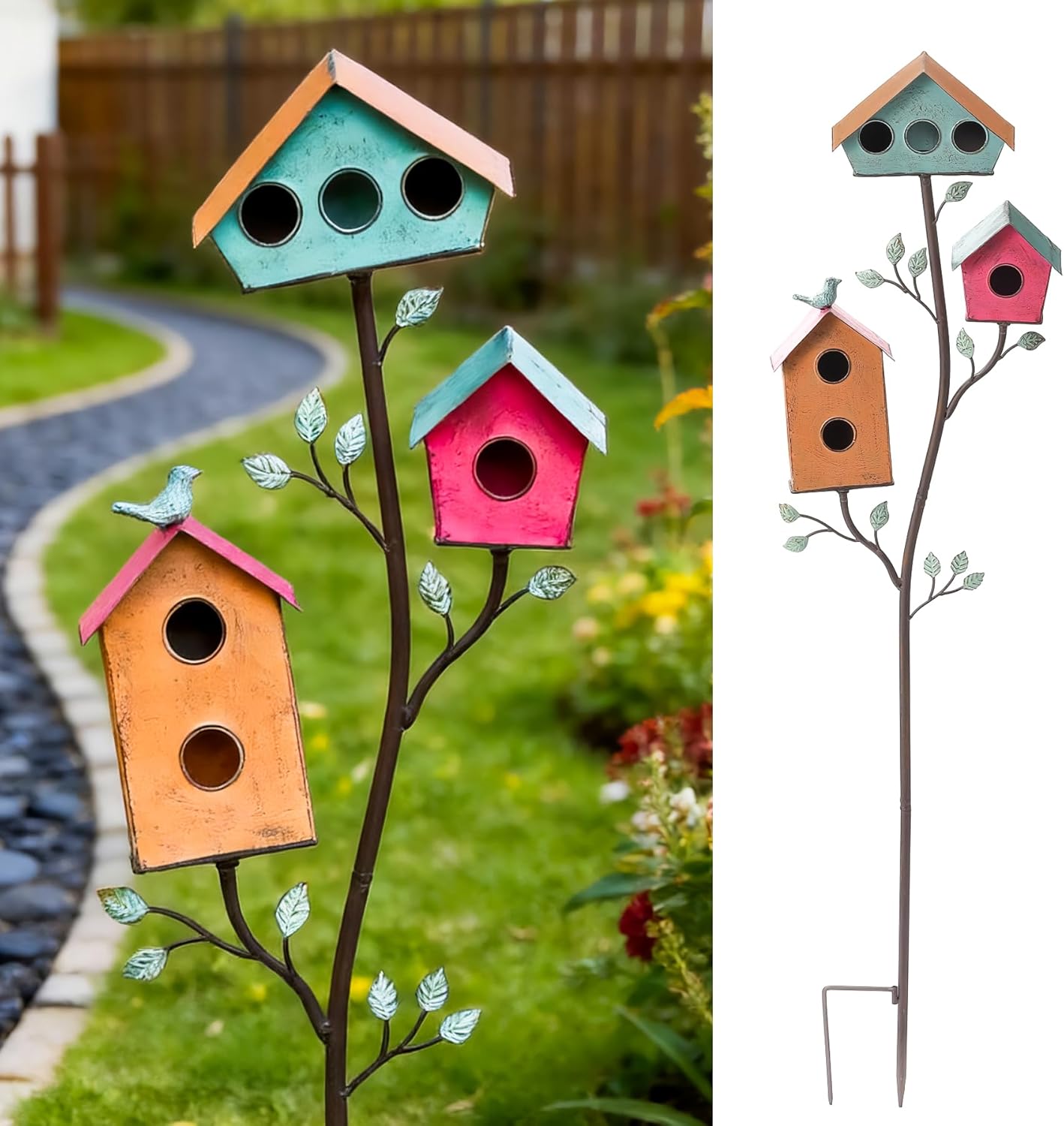 Multi-Bird Houses for Outside with Pole, Colorful Durable Birdhouse on Stake, 3 Rooms, Metal Bird Houses for Outside, Garden Yard Decor