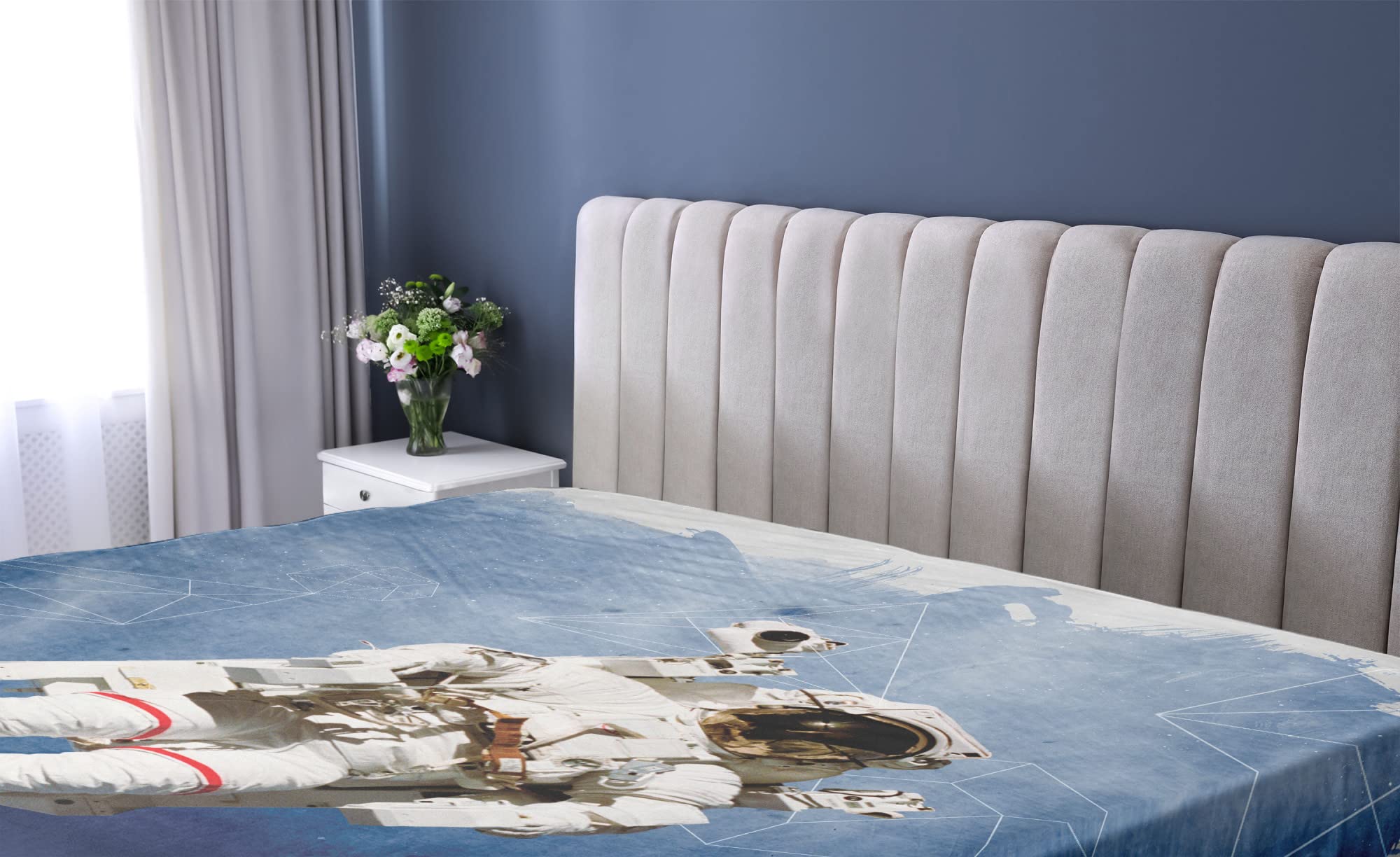 Ambesonne Galaxy Fitted Sheet, Grunge Astronaut and Planet Earth with Geometric Digital Art Watercolor Print, Soft Decorative Fabric Bedding All-Round Elastic Pocket, Full Size, Blue and Grey