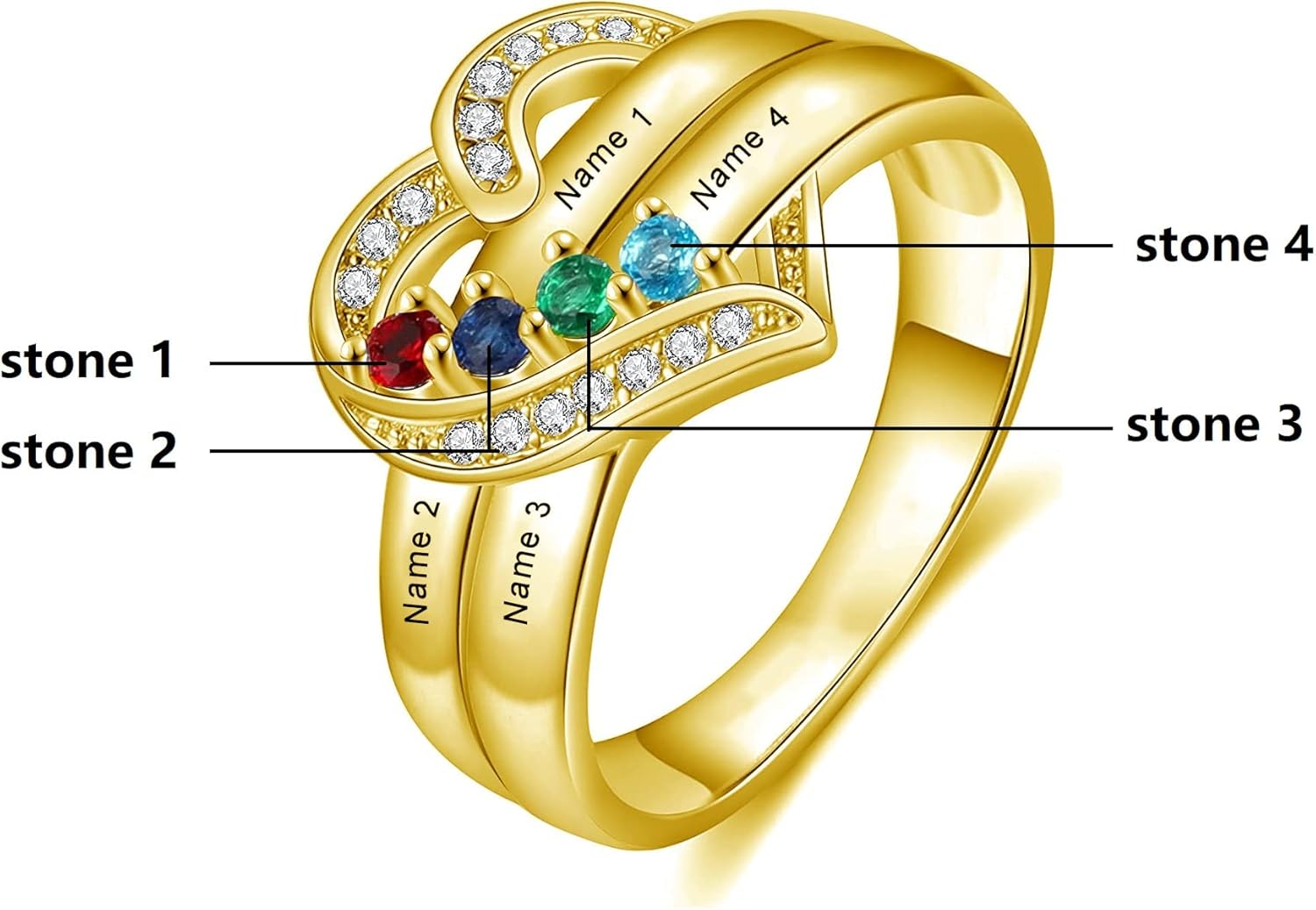 Mothers Day Gifts for Mom Women Solid 10K 14K 18K Gold Mother Rings for Women Personalized Mother Daughter Ring with 4 Simulated Birthstones and Names Customized Gold Engraved Family Name Rings for Mother Grandmother Women Wife Birthday Mother's Day Gift