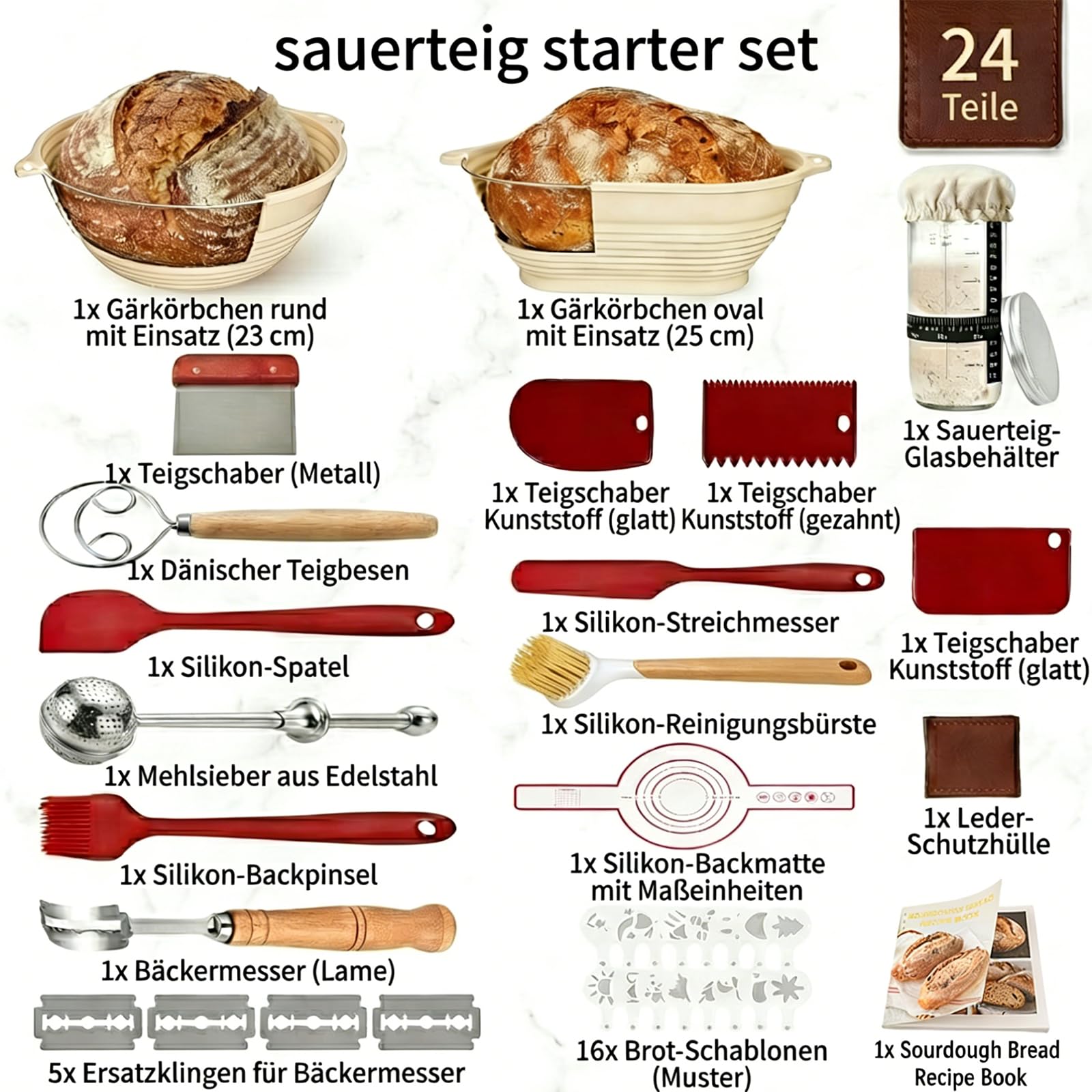 Sauerteig Starter Set, Brot backen Zubehör 24 teilig, Gärkorb Brot Rund 23cm und Oval 25cm, Brotkorb zum Backen, Brotgärkorb mit 650ml Glas, Silikon für Anfänger und Profi Bäcker, BPA frei