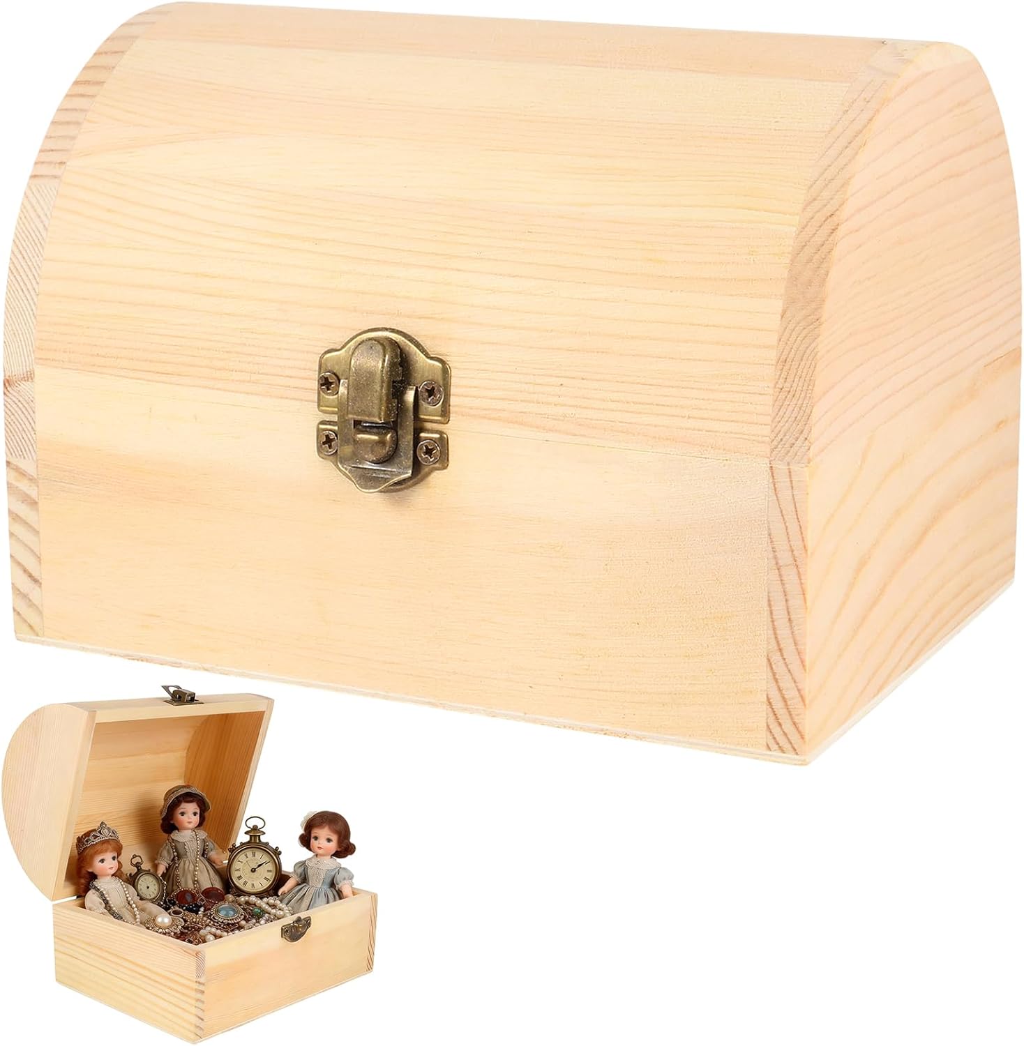 DOITOOL Unfinished Wooden Box with Hinged Lid Unpainted Wooden Jewelry Box Treasure Boxes DIY Craft Storage Treasure Chest for Art Jewelry Home Storage, 6.3 x 4.5 x 4.7 Inches, 1 Pack