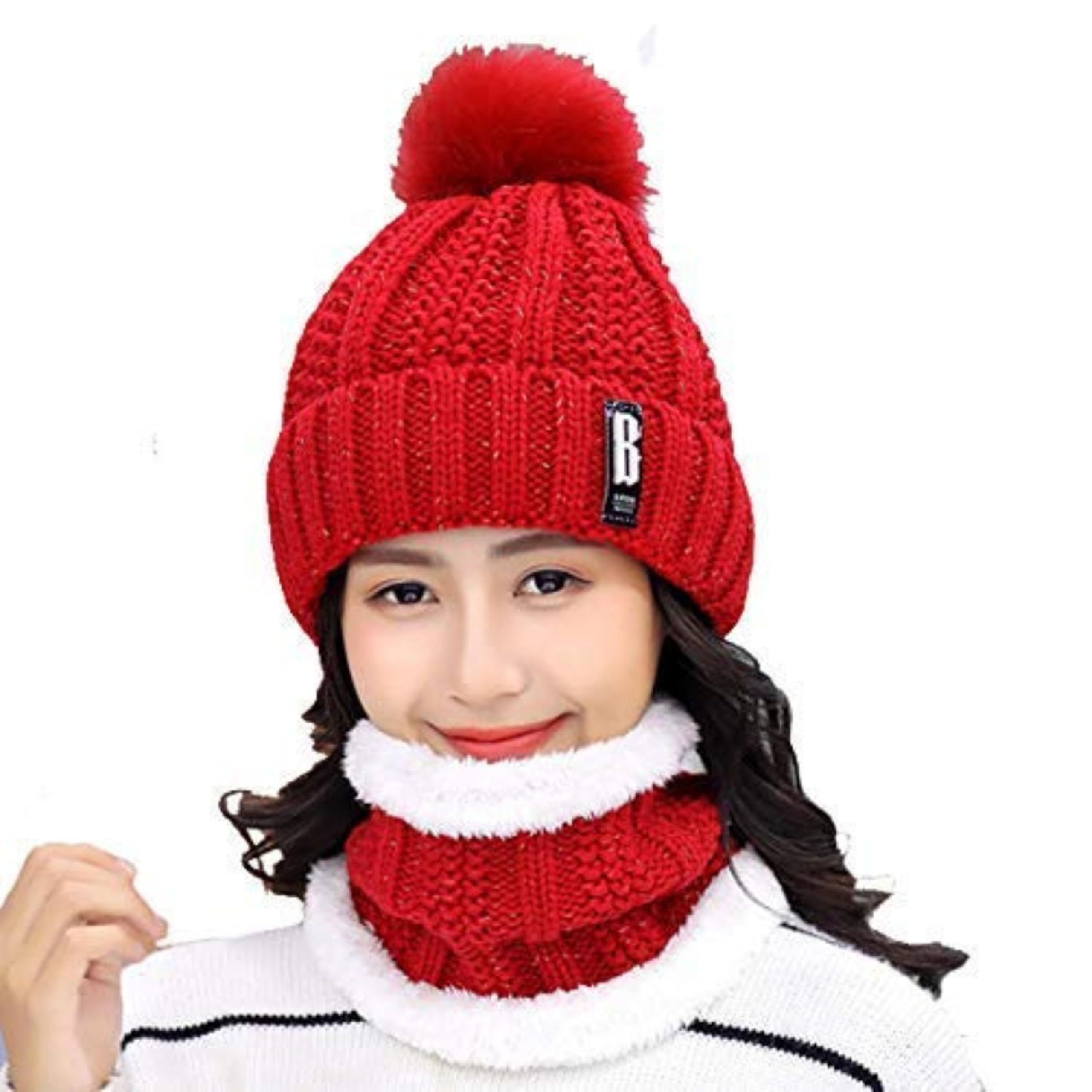 shloky Women Winter Woolen Beanie Cap with Scarf Set Stretch Warm(Inside Fur) Lining Winter caps for Girls-picture-48