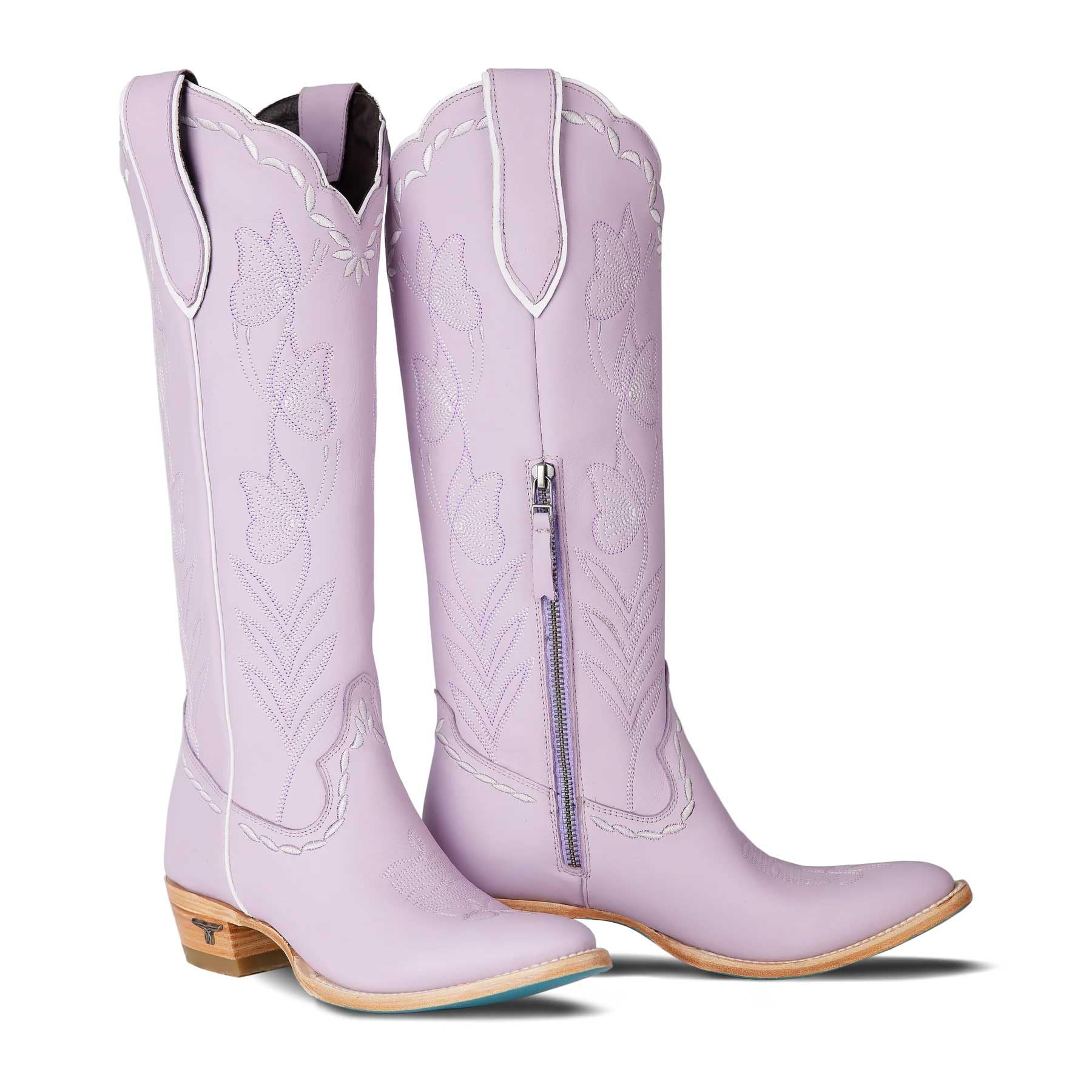 Lane Sweet Memories Western Cowboy Boots Lavender Leather Knee-High with Floral Embroidery Side Zipper Sculpted Rounde Toe 15