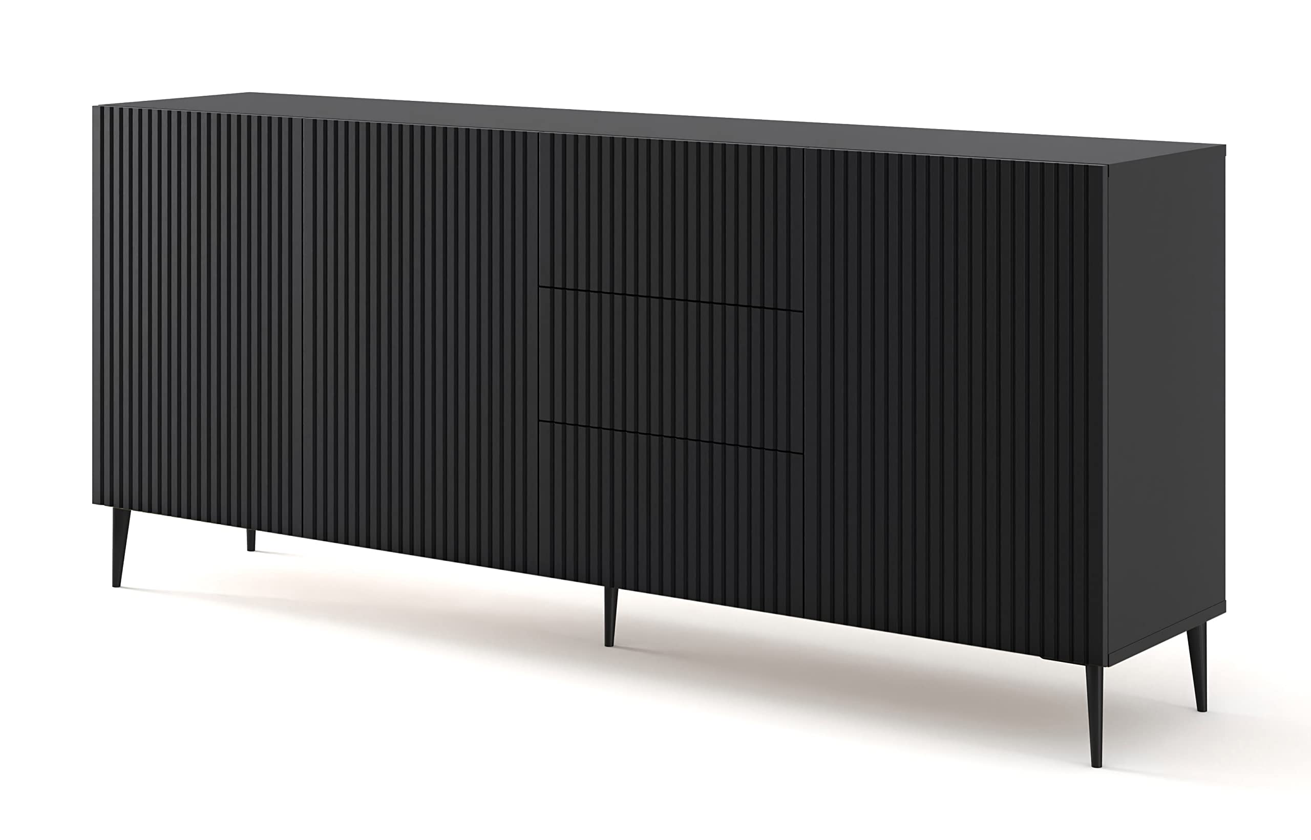 BIM Furniture Cajonera Ravenna B 3D3S de 200 cm con Frontal fresada MDF, aparador, Buffet sobre Patas de Metal Negro, 3 armarios