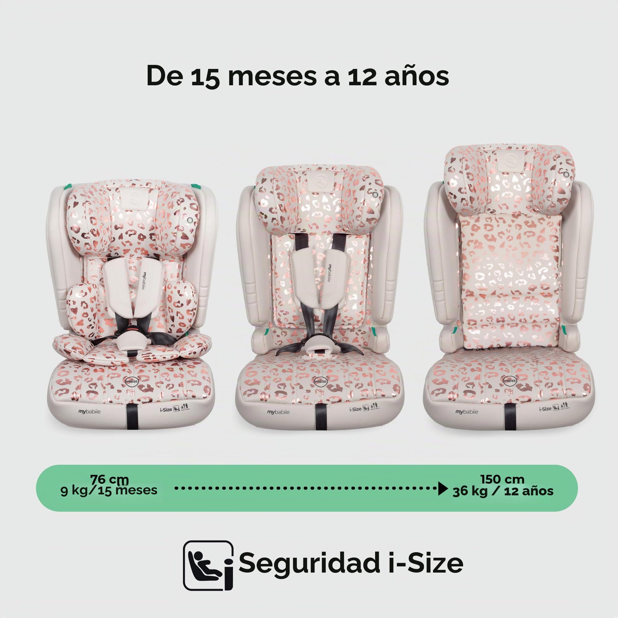 My Babiie MBCS50 - Asiento infantil de coche para niños pequeños a Booster R129, arnés de 5 puntos, 76-150 cm (aprox. 9-36 kg, 15 meses - 12 años), i-Size, grupo 1/2/3, ajustable, orientado hacia
