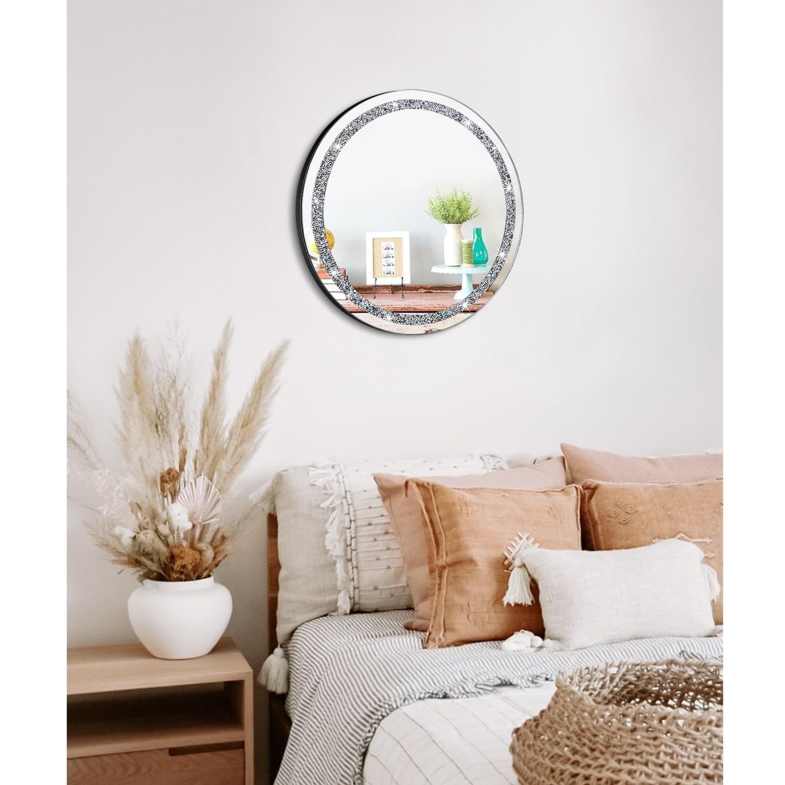 Crush Diamond Miroir rond sans cadre – Décoration murale en cristal pour la maison, couloir, salle de bain et chambre à coucher – 40 x 40 cm