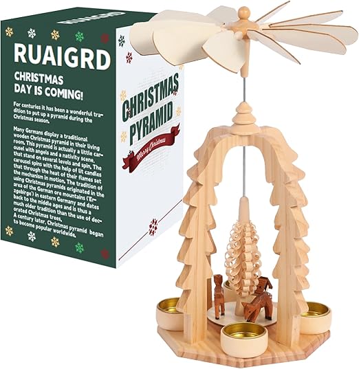 14 Inch Christmas Wooden Christmas Pyramid with Candle Holders -Nature Wood Finish Nativity Scene Set (RG001-2)