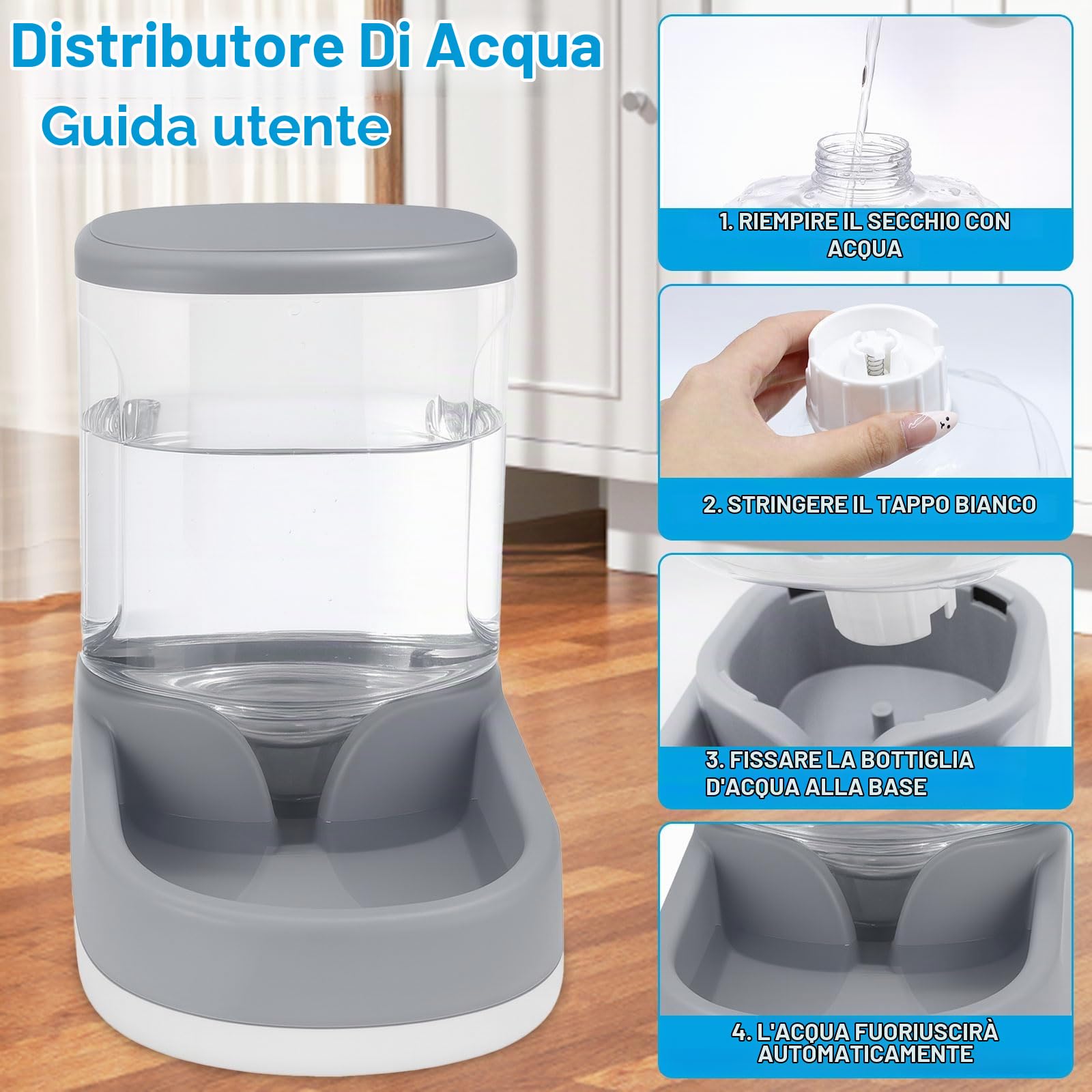 Dispenser Cibo Gatti Cani Automatico 2×3.8L Distributore Automatico e Distributore d'Acqua per Gatti, Dispenser di Crocchette e Acqua per Animali Domestici (Grigio)