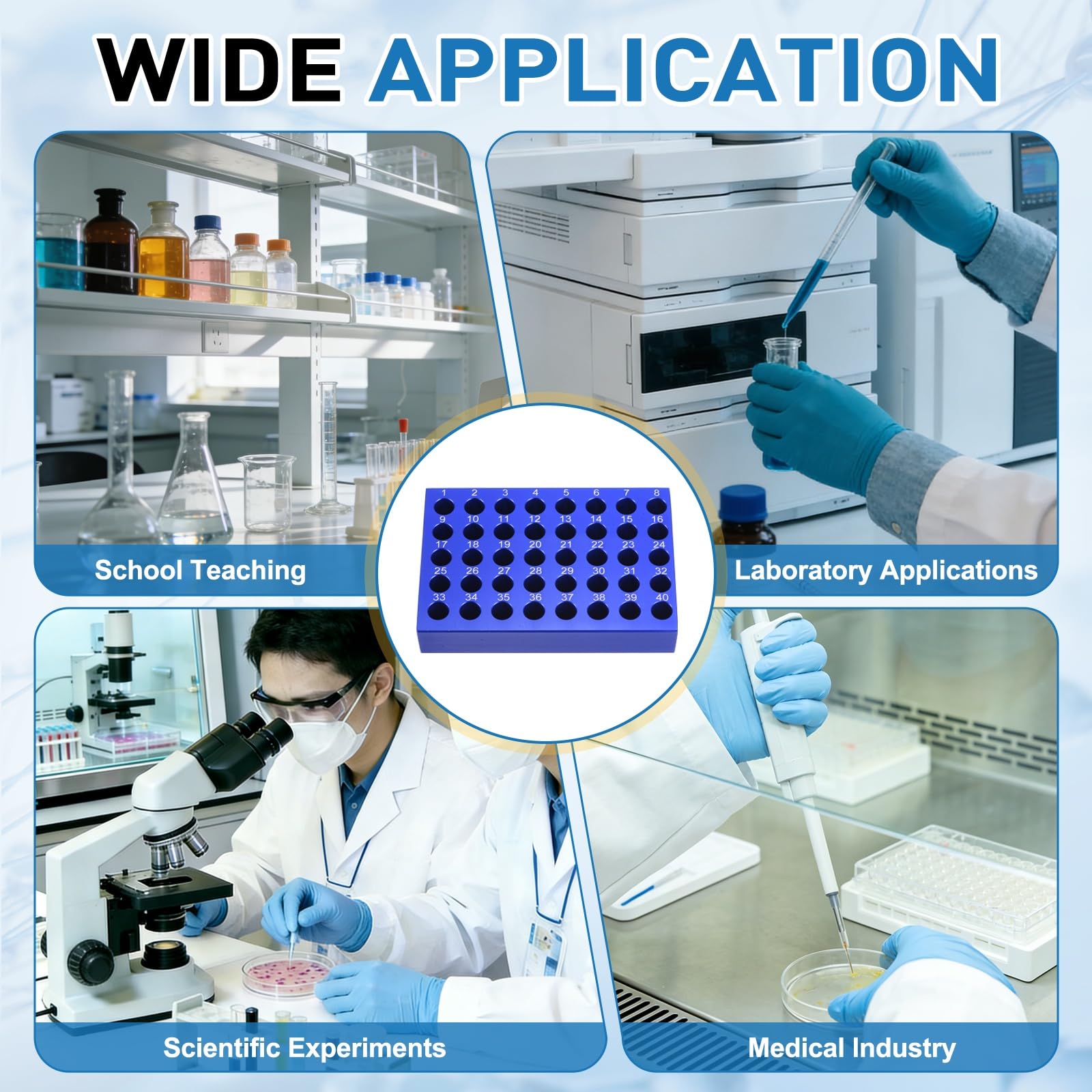 PATIKIL 40 Pozzi Porta Provette Microcentrifuga Raffreddato, Vassoio Piastra Coltura Tessuti, Blocco Raffreddamento Alluminio per Provette PCR 50ml, Attrezzatura Laboratorio, Blu